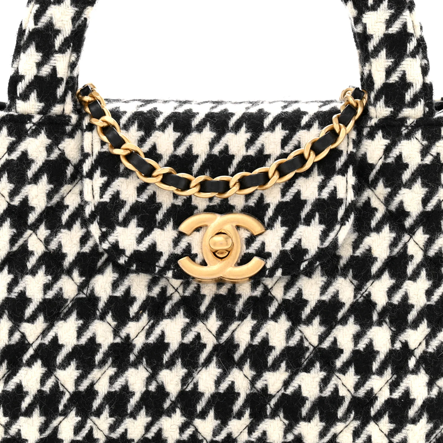 Tweed Houndstooth Quilted Nano Kelly Shopper Black White