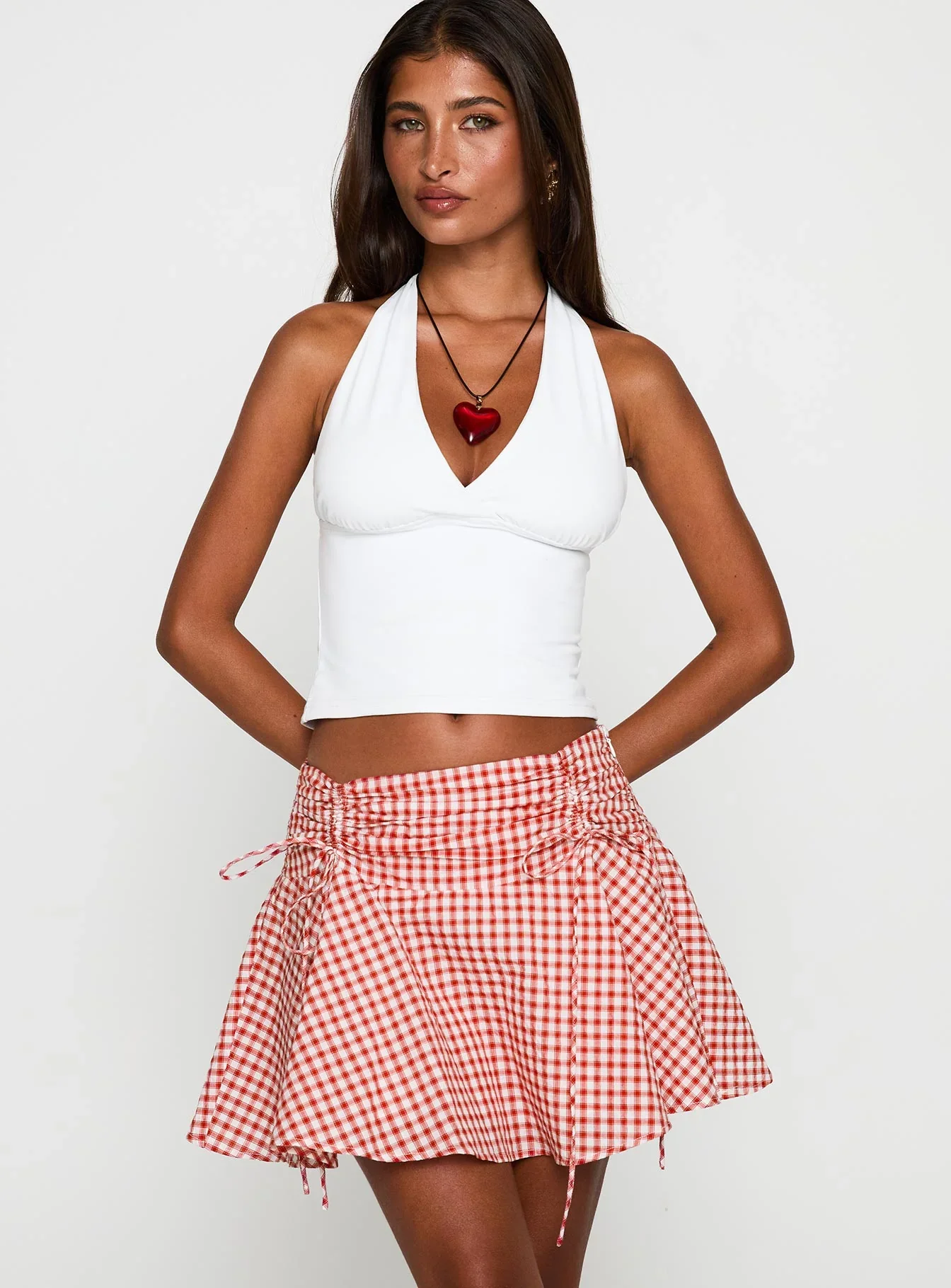 Sweet Verona Ruched Mini Skirt Red Check
