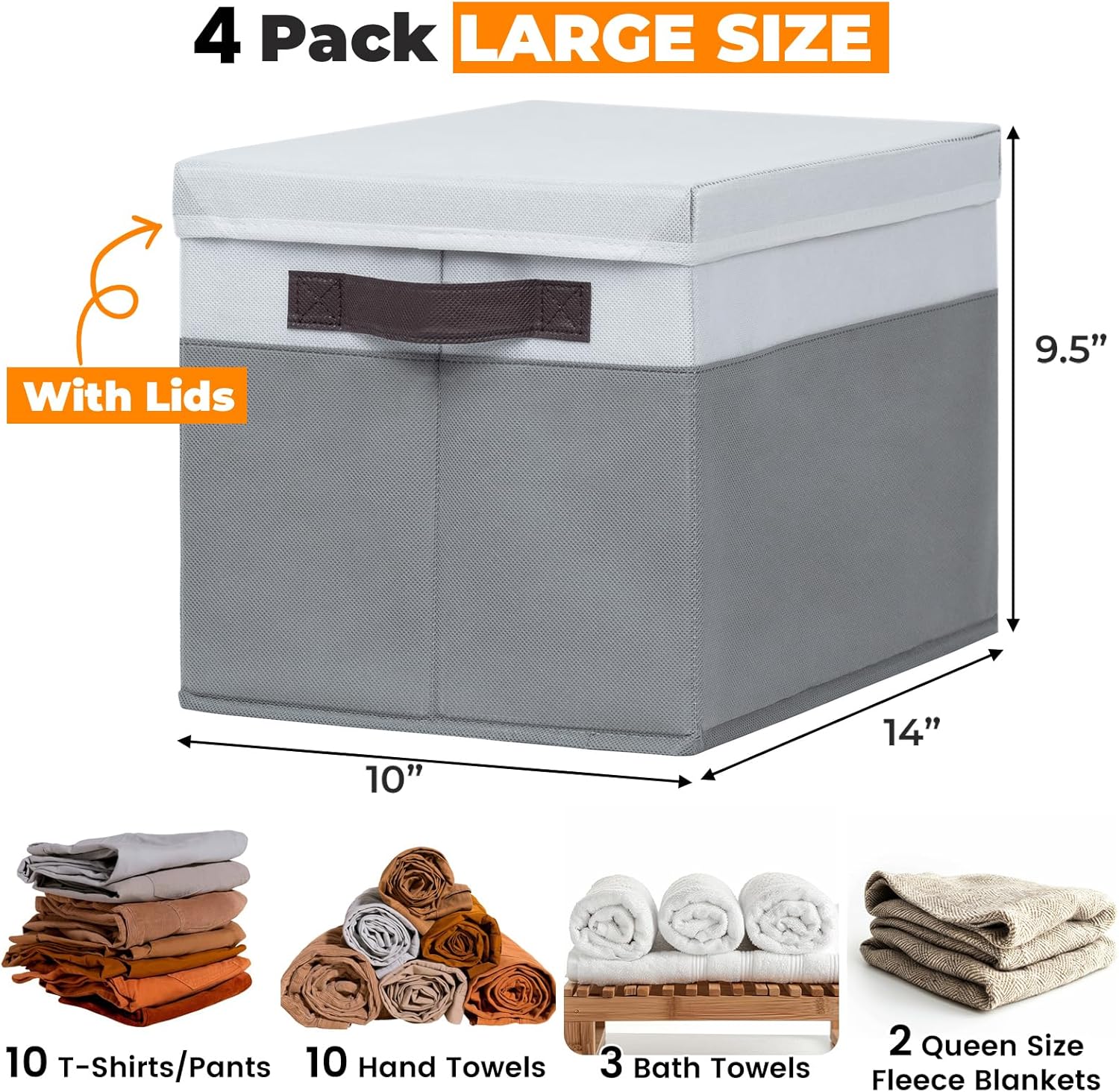Large Closet Storage Baskets Bins with Lids 4 Pack, Storage Baskets for Organizing Shelves in Nursery Bedroom, Home Dorm Closet Organizers Cubes for Clothes Toys Blankets Books - Stackable - 14x10x9.5