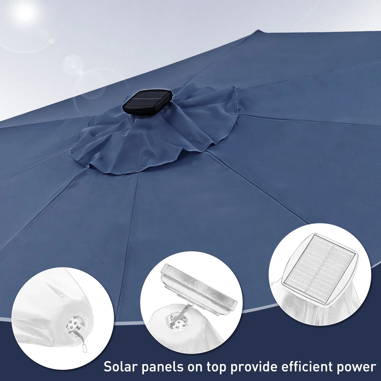 Autlaycil 10 FT Solar LED Lighted Patio Umbrella with LED Table Umbrella with 8 LED Strip Lights, Fade-resistant & Waterproof for Garden, Backyard, Poolside, Push Button Tilt (Blue)