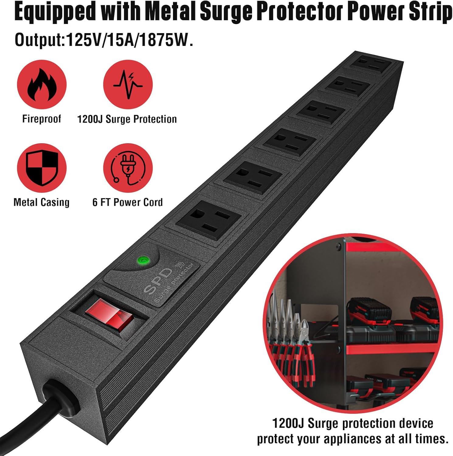 YYR Power Tool Organizer with Charging Station Wall Mount, Cordless Drill and Battery Holder for Garage Organization, Electric Tools Storage Rack with Built-in Surge Protection Power Strip - Red Shelf
