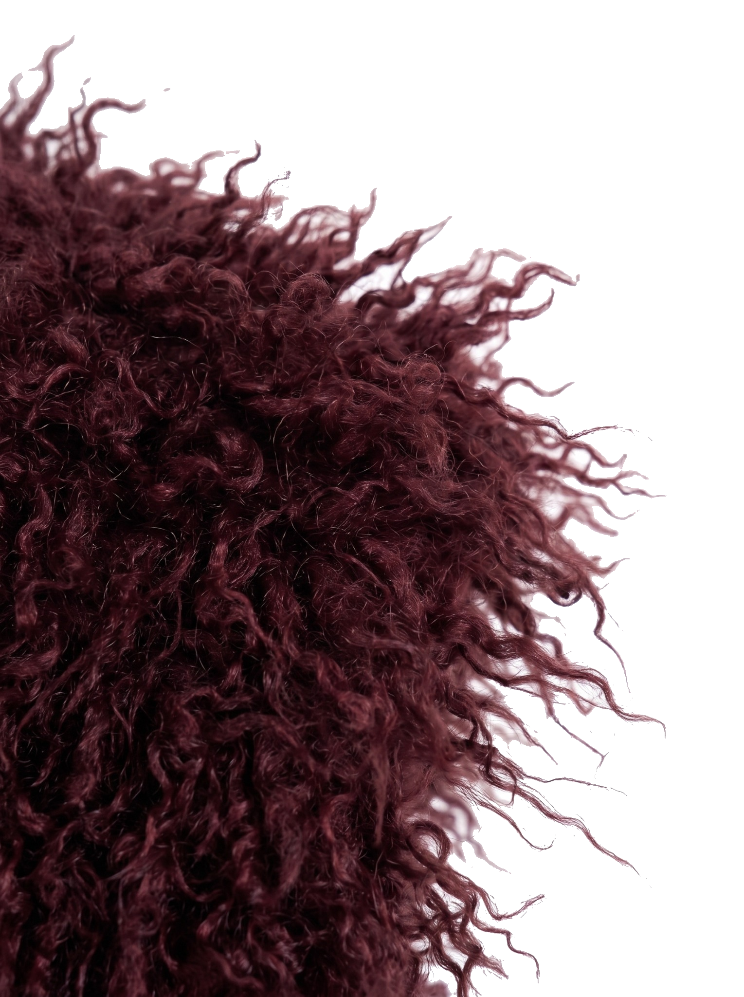 Close-up of the curly maroon faux fur texture on a vest