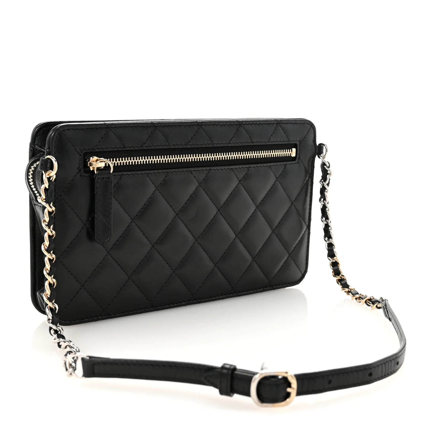 Lambskin Quilted Front Pocket Clutch With Chain Black