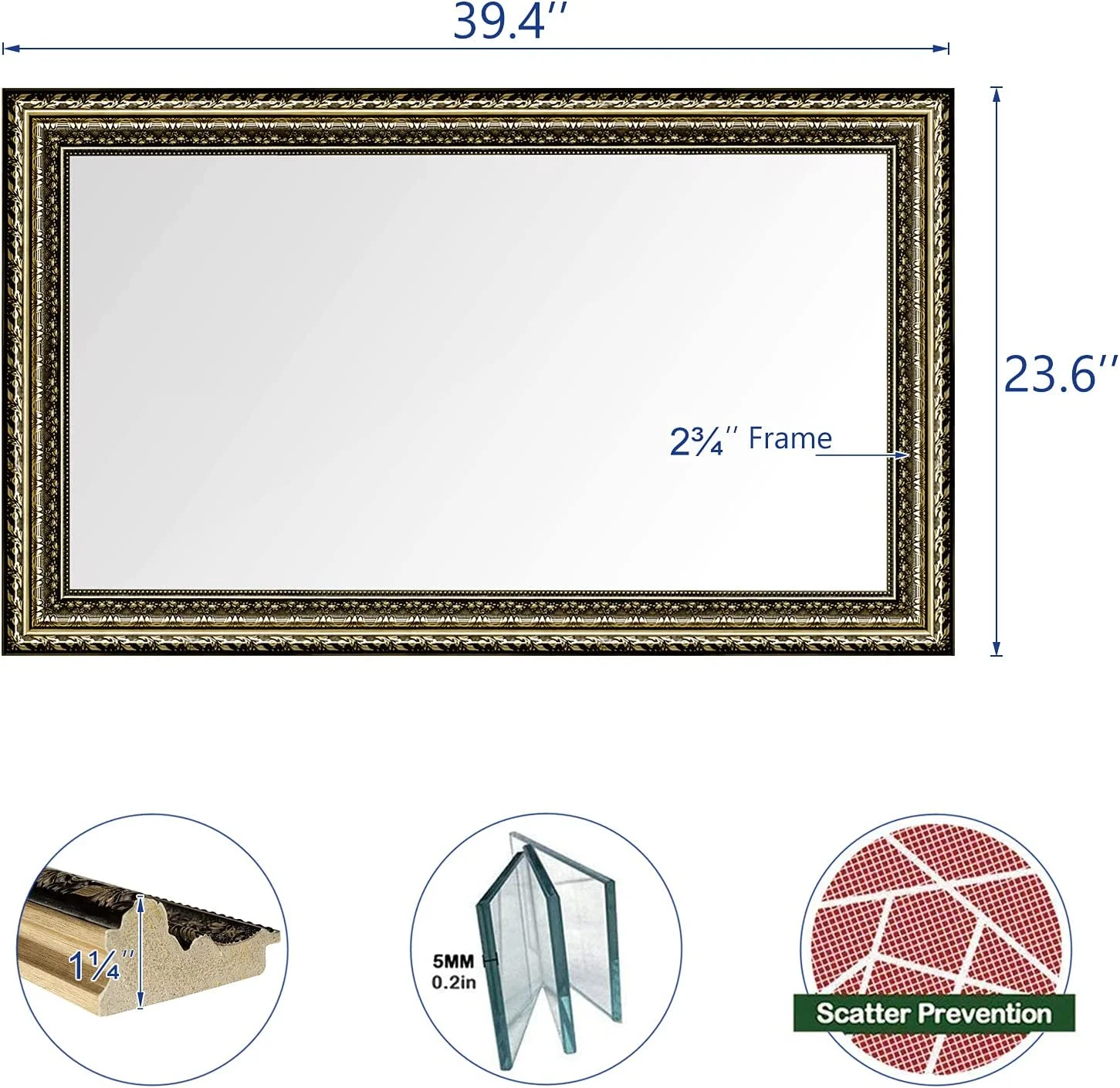 Framed Rectangle Bathroom Mirrors for Wall,Wall Mounted Vintage Mirror Vertical or Horizontal Hanging for Living Room,Bedroom (40''x24''Vintage)(24"L x 40"W/40''x24''vintage) Image 4