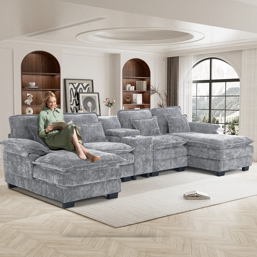 U Shaped Cloud Couch Modular Sectional Sofa 124" Extra Deep Fluffy Chenille Double Chaise Lounge, Central Console w/ Dual USB-C A Ports, Storm Gray(Grey) - Image 8