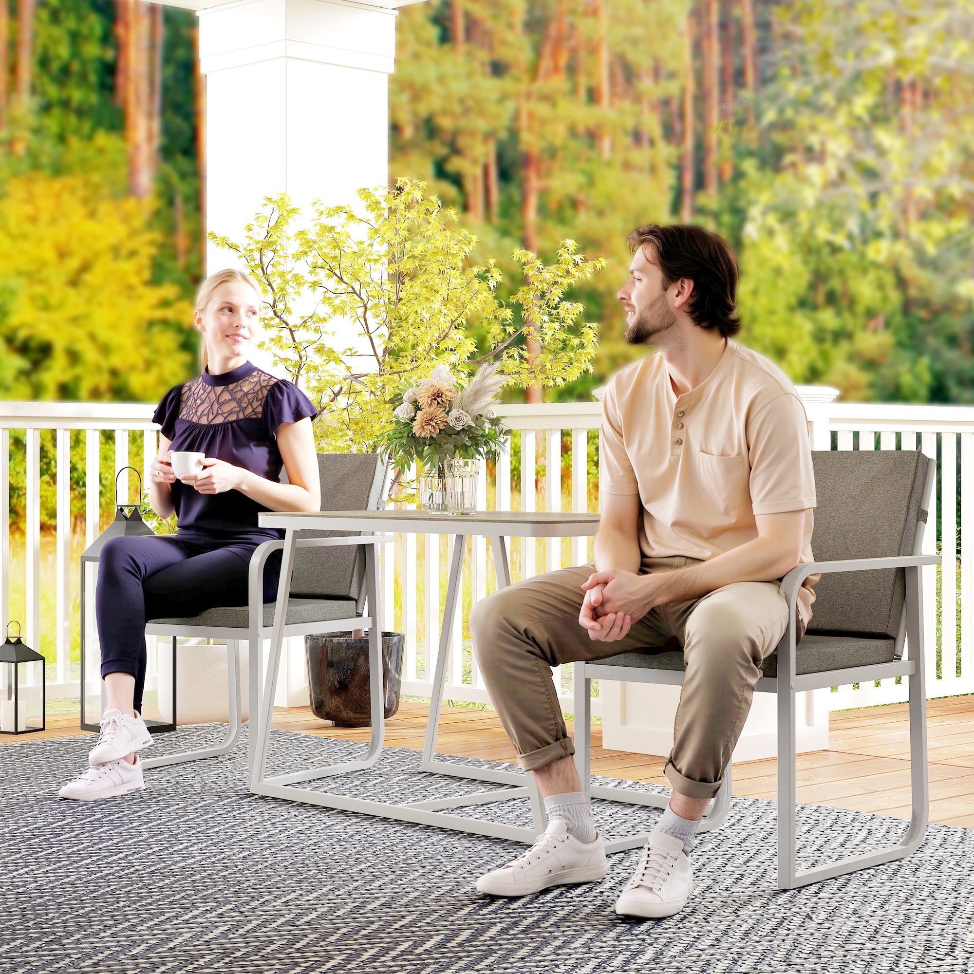 Outsunny 3-delige Eetset voor 2 Personen met Glastafel en Kussens - Lichtgrijs