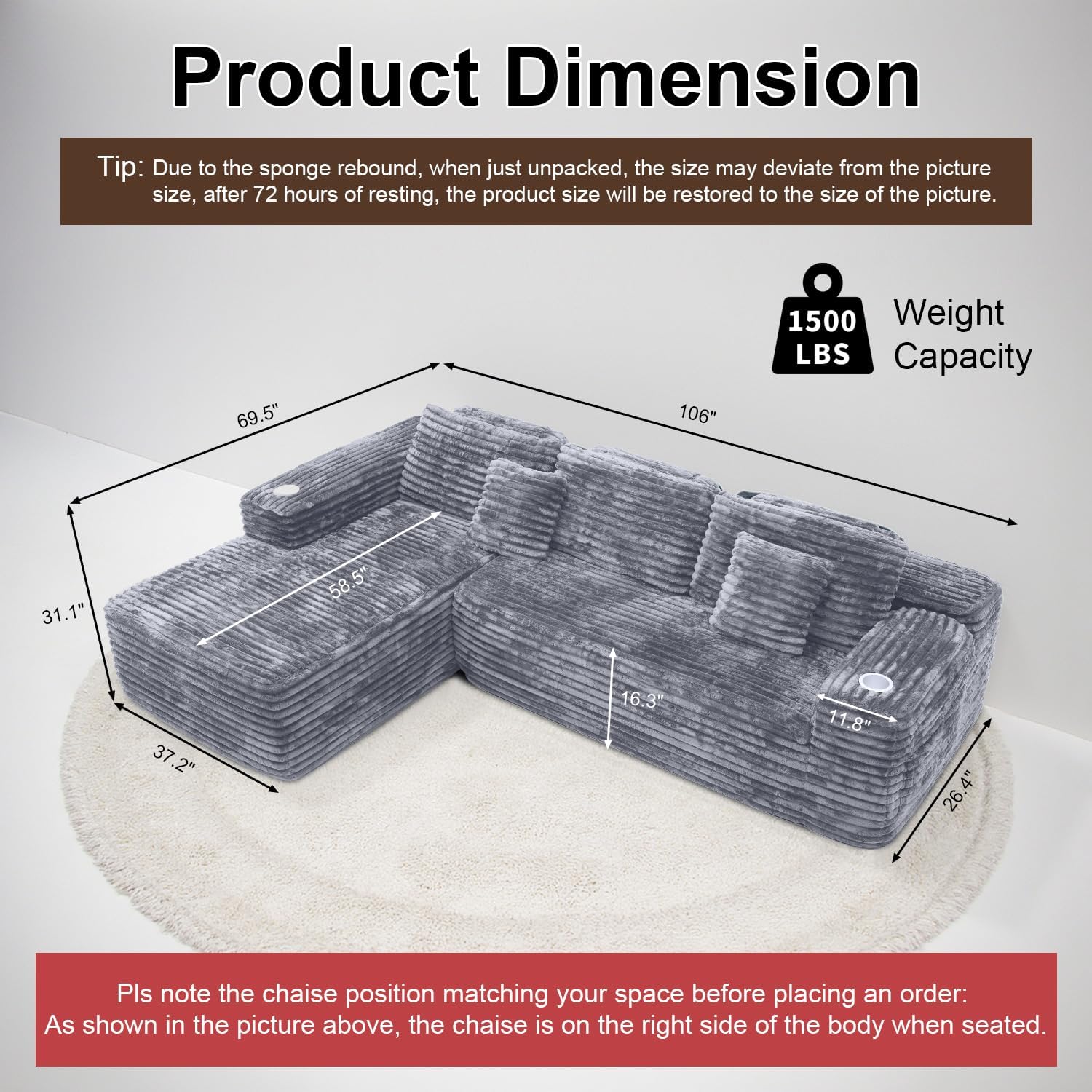 Canapé d'angle Cloud avec fauteuil inclinable en L et porte-gobelet intégré