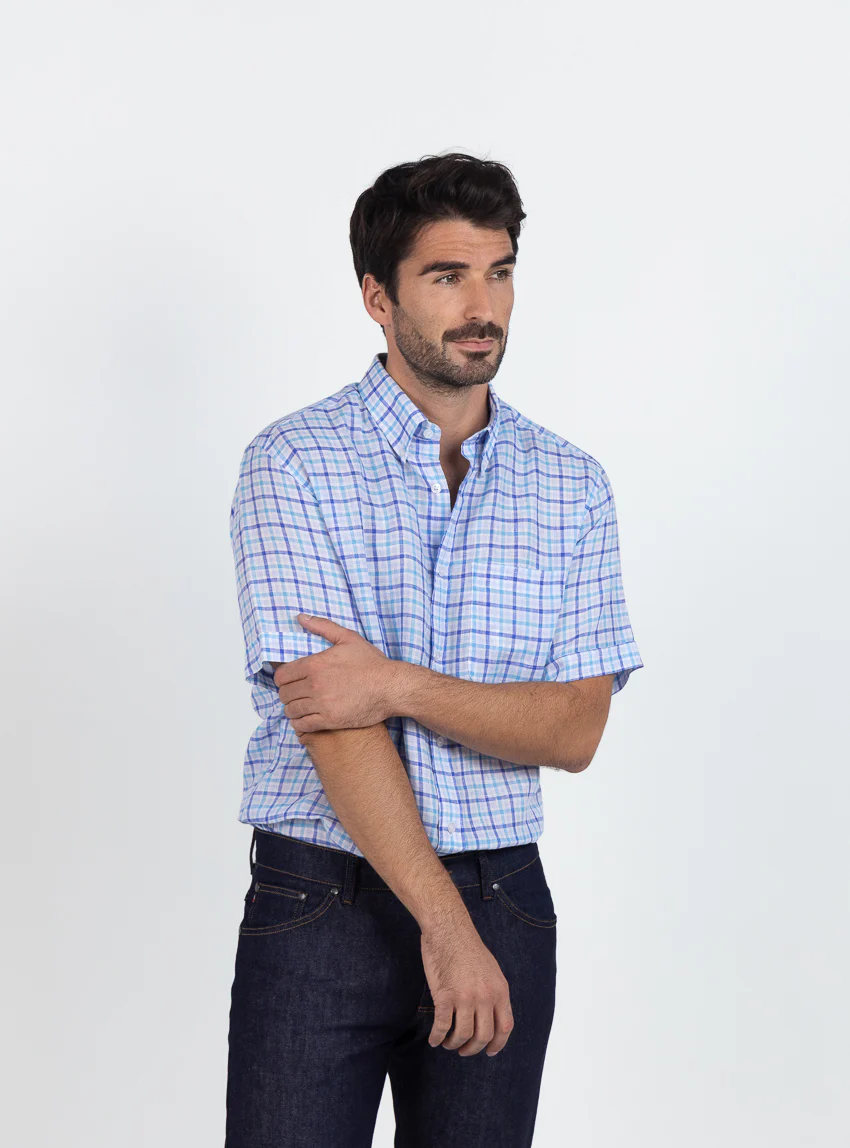 Chemise homme en lin carreaux bleus