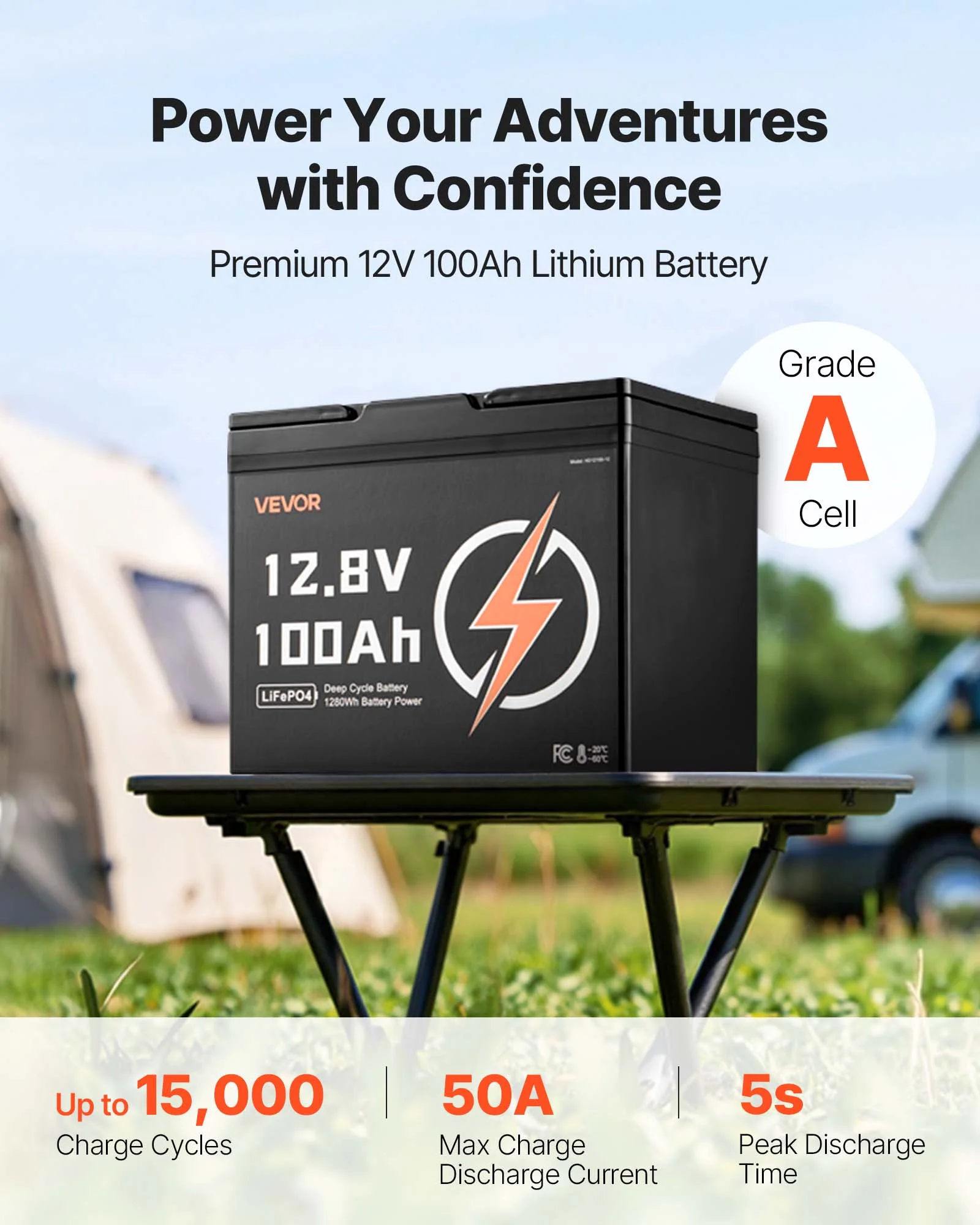 VEVOR 12V 100ah LiFePO4 Battery, up to 15000 Cycles, Deep Cycle Lithium Iron Phosphate Battery with Built - in BMS, Low Temperature Protection, 10 Years Lifetime, for Solar Off - Grid Home Energy Storage