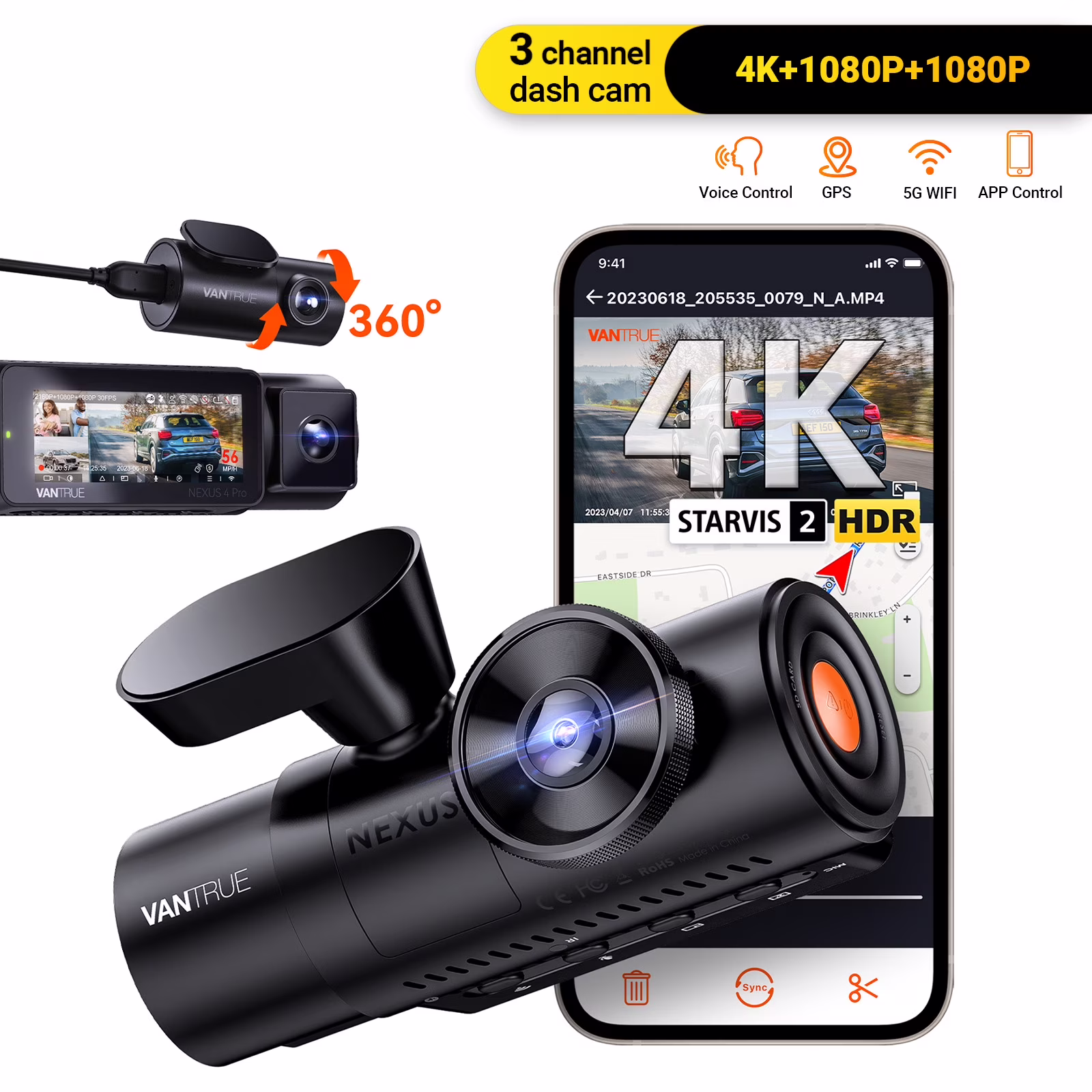 Nexus 4 Pro 3 Channel 4K WiFi Dash Cam, STARVIS 2 IMX678 Night Vision, Voice Control, HDR, 24 Hours Parking Mode, Support 512GB Max