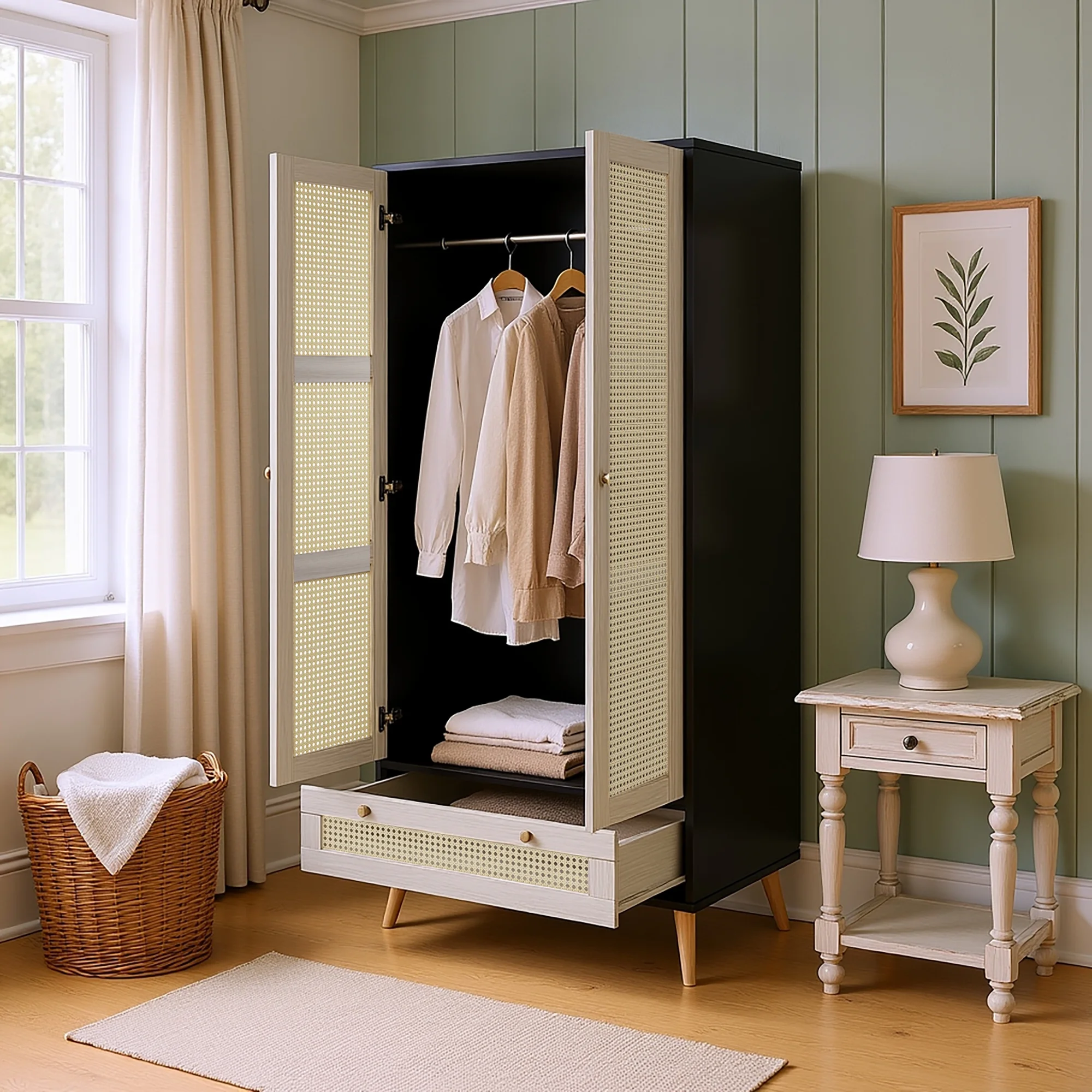 Accent Cabinet with Rattan Doors Drawer, Modern Storage Armoire for Living Room, Bedroom, Natural Wood Finish - Image 7