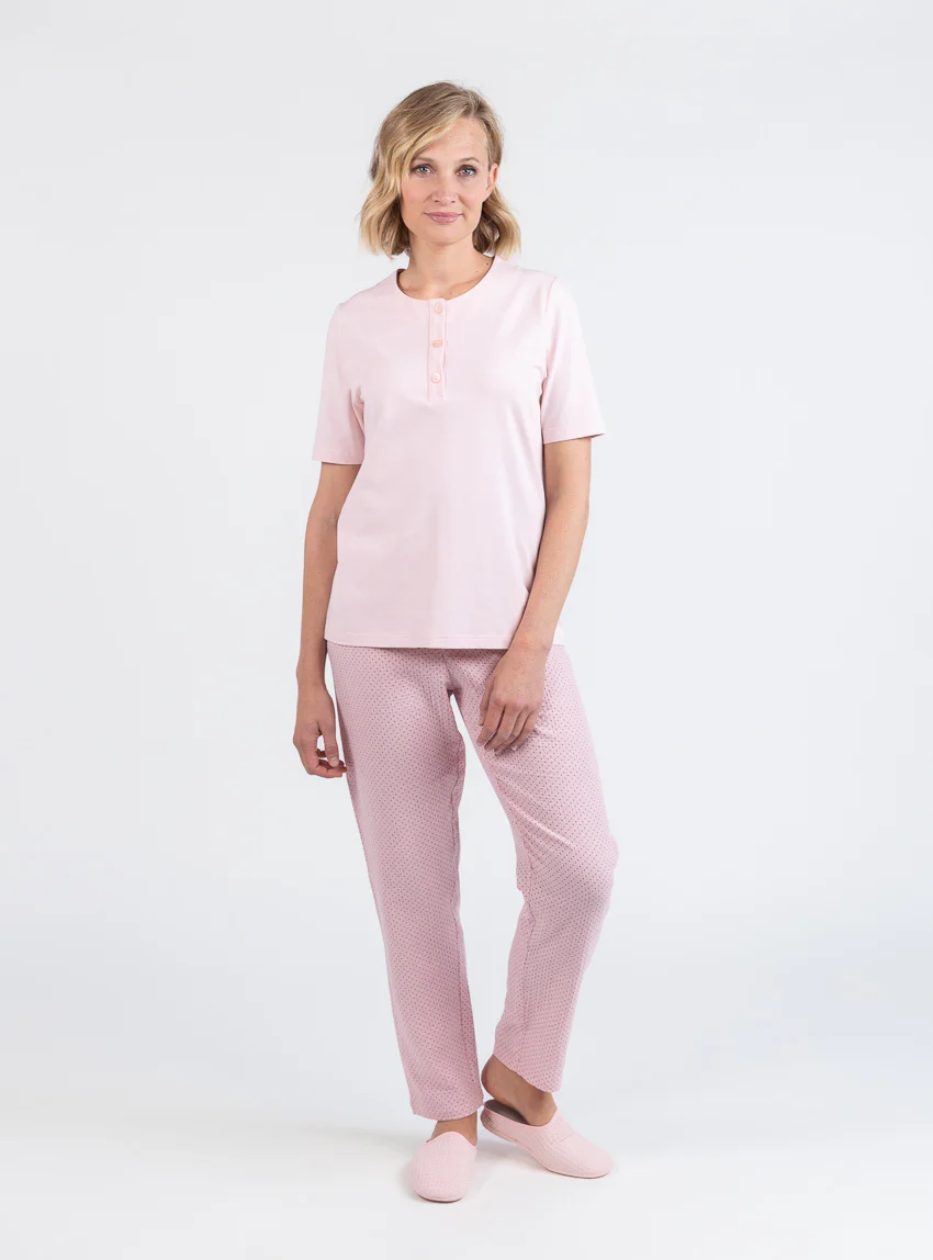 Pyjama femme col rond en coton rose