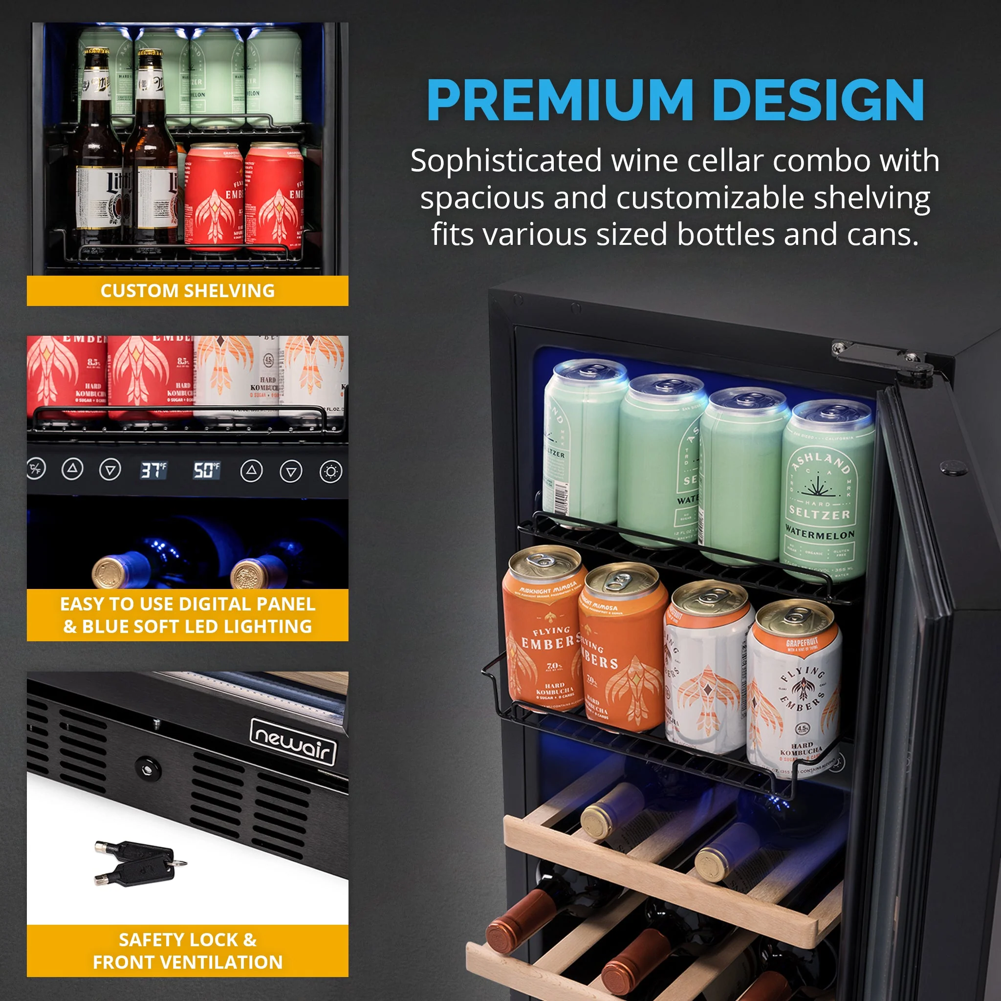 Newair 48-Can, 13-Bottle Built-in Dual Zone Black Beverage Fridge - 15