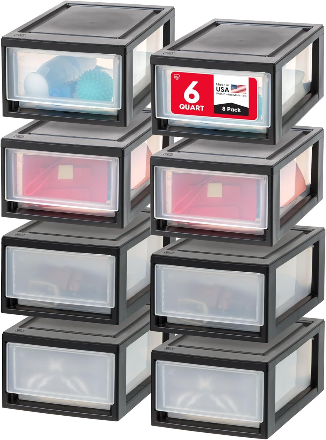 IRIS USA 8-Pack, 6 QtSmall Stacking Drawer Storage Organizer, Black