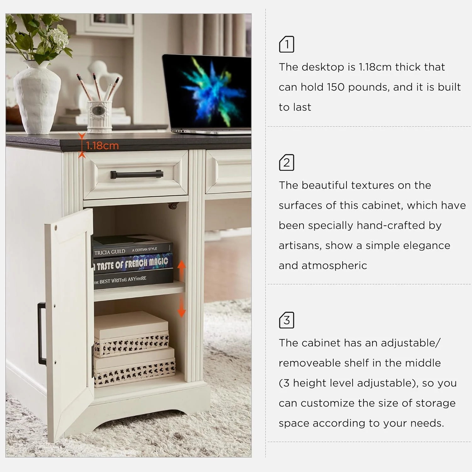 Farmhouse Wood 58" Executive Desk, Home Office 30" High Computer Desk with Drawers and Storage Cabinet, White(White) - Image 8