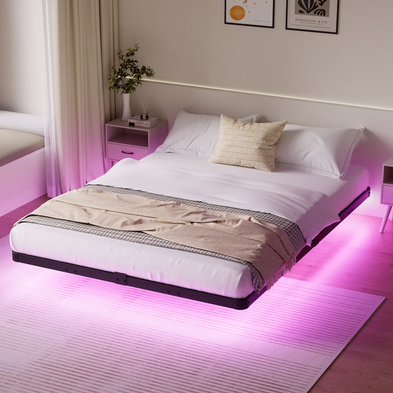 King Size Floating Bed Frame with LED Lights Bed Storage Metal Platform Bed Frames with Steel Slat Support Anti-Slip Easy Assembly, Black(King) - Image 9