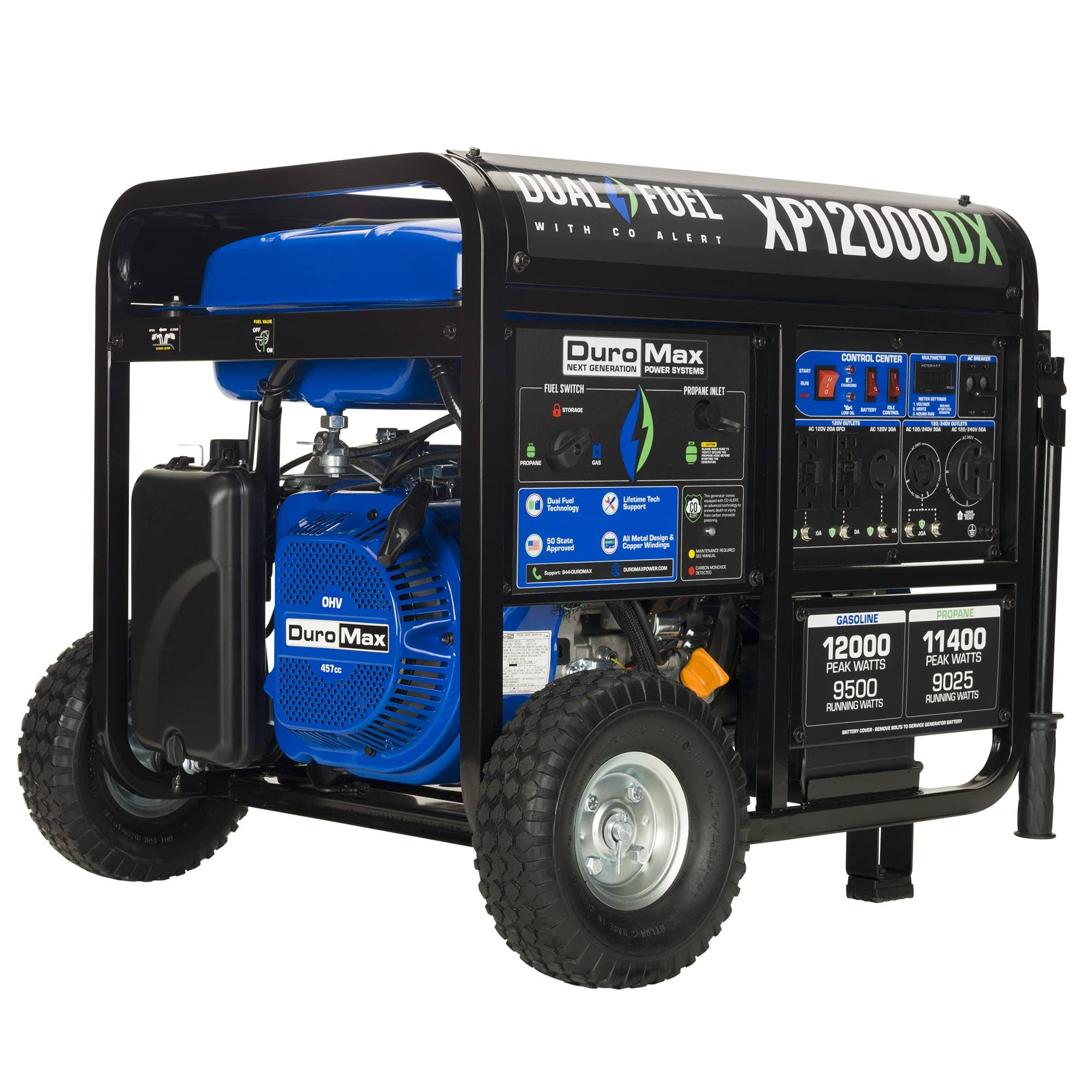 DuroMax XP12000DX 12,000 Watt Dual Fuel Portable Generator w/ Co Alert