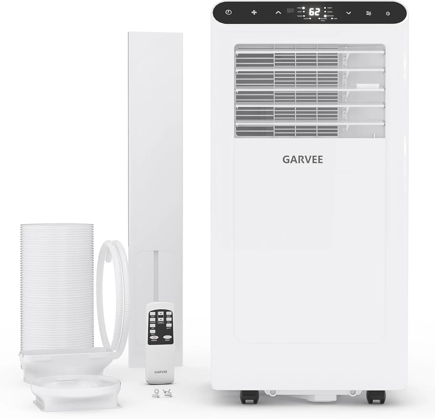 Climatiseur portable Garvee 8000 BTU, jusqu'à 350 pi² (32,5 m²). Télécommande, 48 dB, déshumidificateur, ventilateur, mode sommeil, minuterie 24 h et kit d'installation inclus. Certifié DOE, CEER 6.2, panneau blanc et noir.