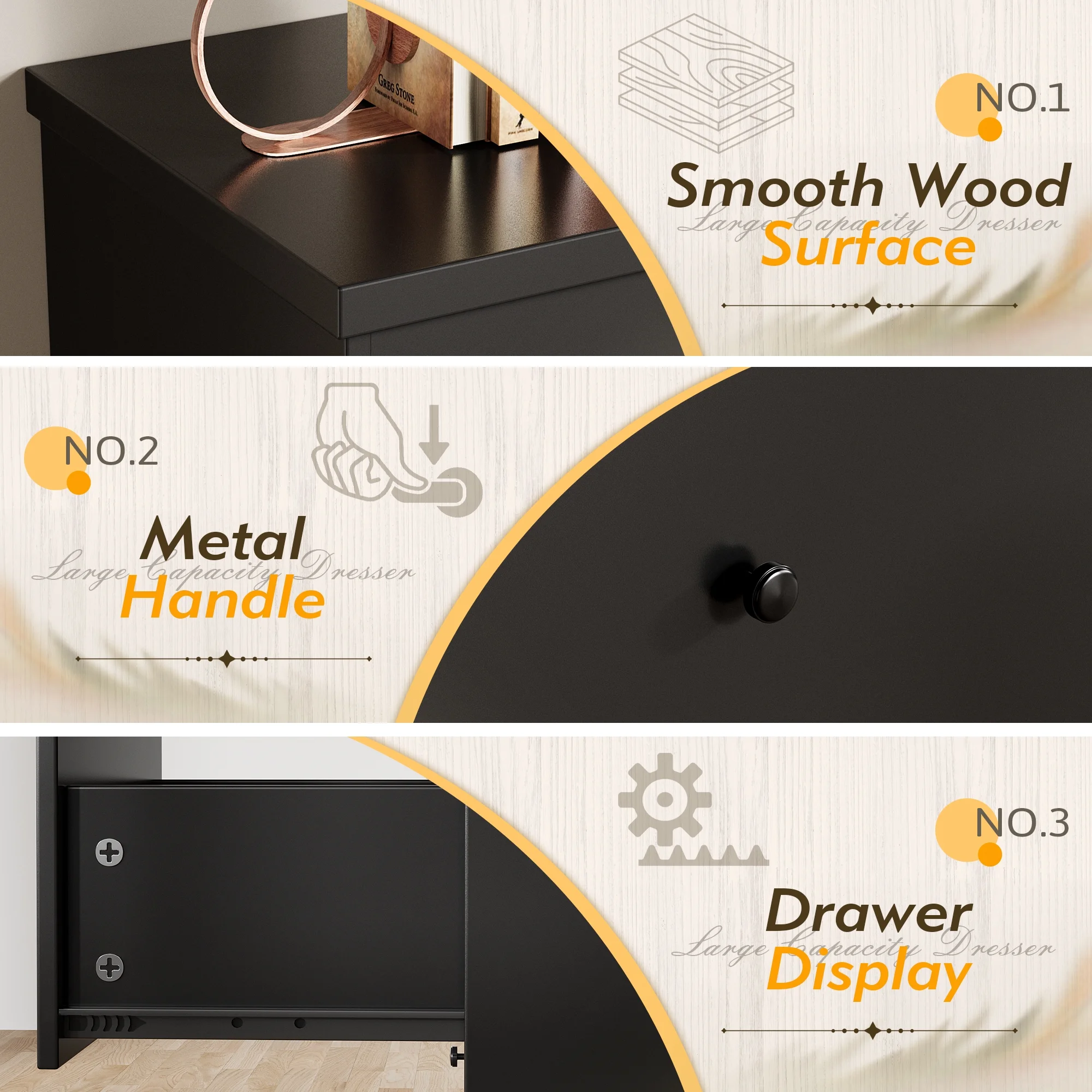 5 Drawer Dresser Wood Storage Cabinet Double Tier Chest of Drawer TV Stand for Bedroom, Living Room, Black(Short/Black) - Image 6