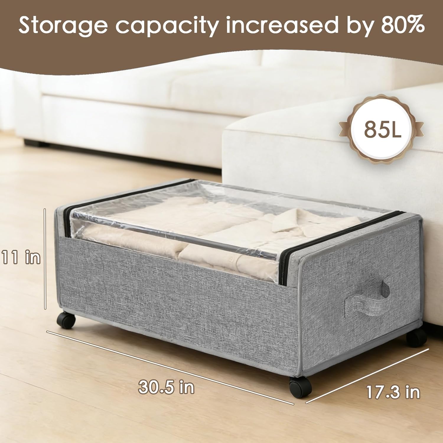 Under Bed Storage with Wheels, 2-Pack Under the Bed Storage Containers with Clear Lids & Labels, Underbed Storage Bins, XXXL 85L 11 inches Rolling Metal Drawer for Clothes, Shoes, Toys, Books - Gray
