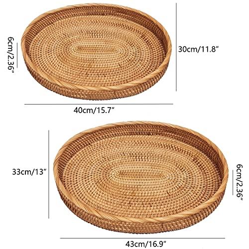 16inch Oval Rattan Kitchen Table Severing Tray,Large Handmade Decorative Wicker Living Room Ottoman Platter For Snacks,Fruit,Drinks,Xl-16x12x2.4