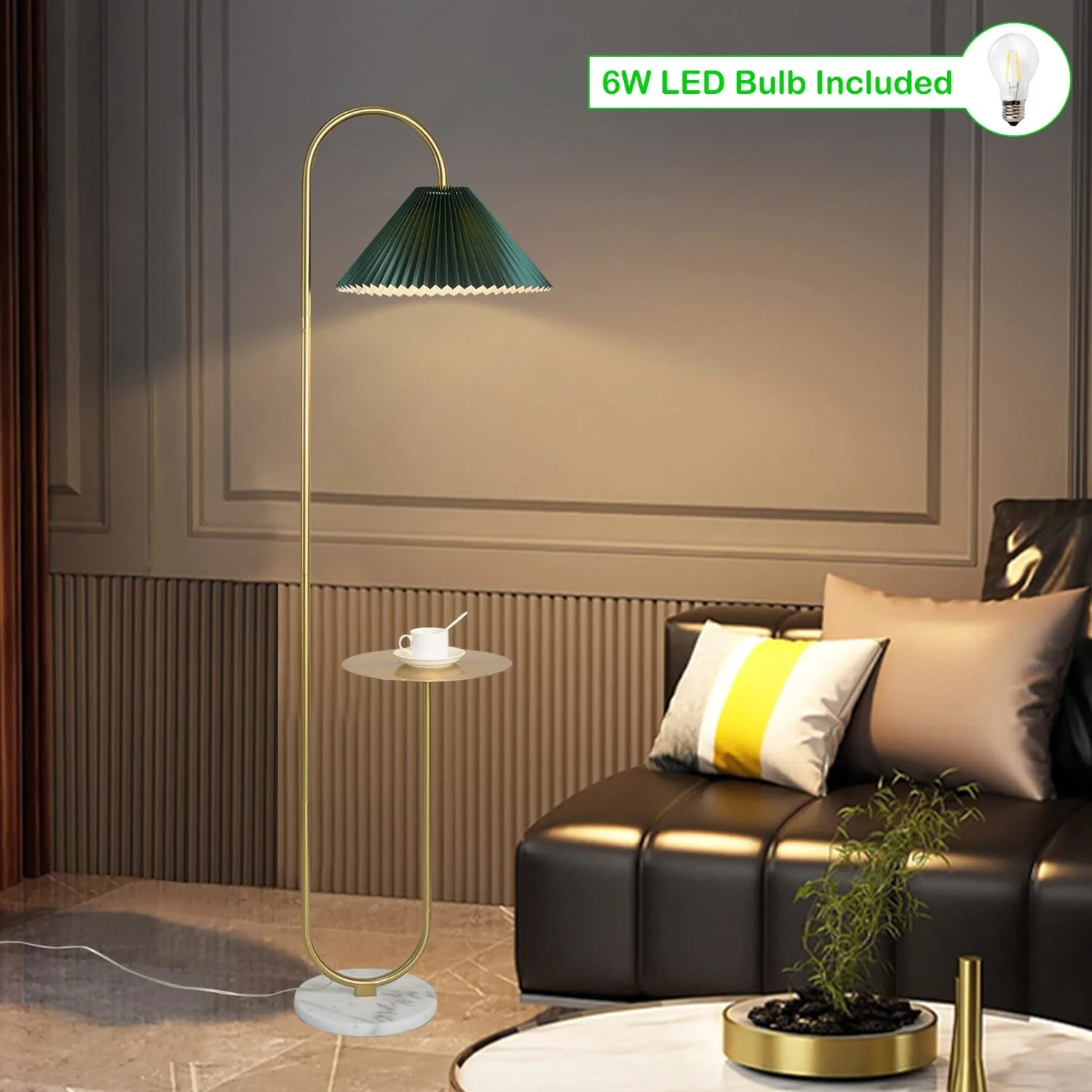 Modern Elegant with Tray Floor Lamp for Office Cafe Den Living Room Bedroom, Foot Switch and Brass/Gold Finish,Light Yellow Pleated Cloth Lampshade(Brass+Dark Green Lampshade) - Image 2