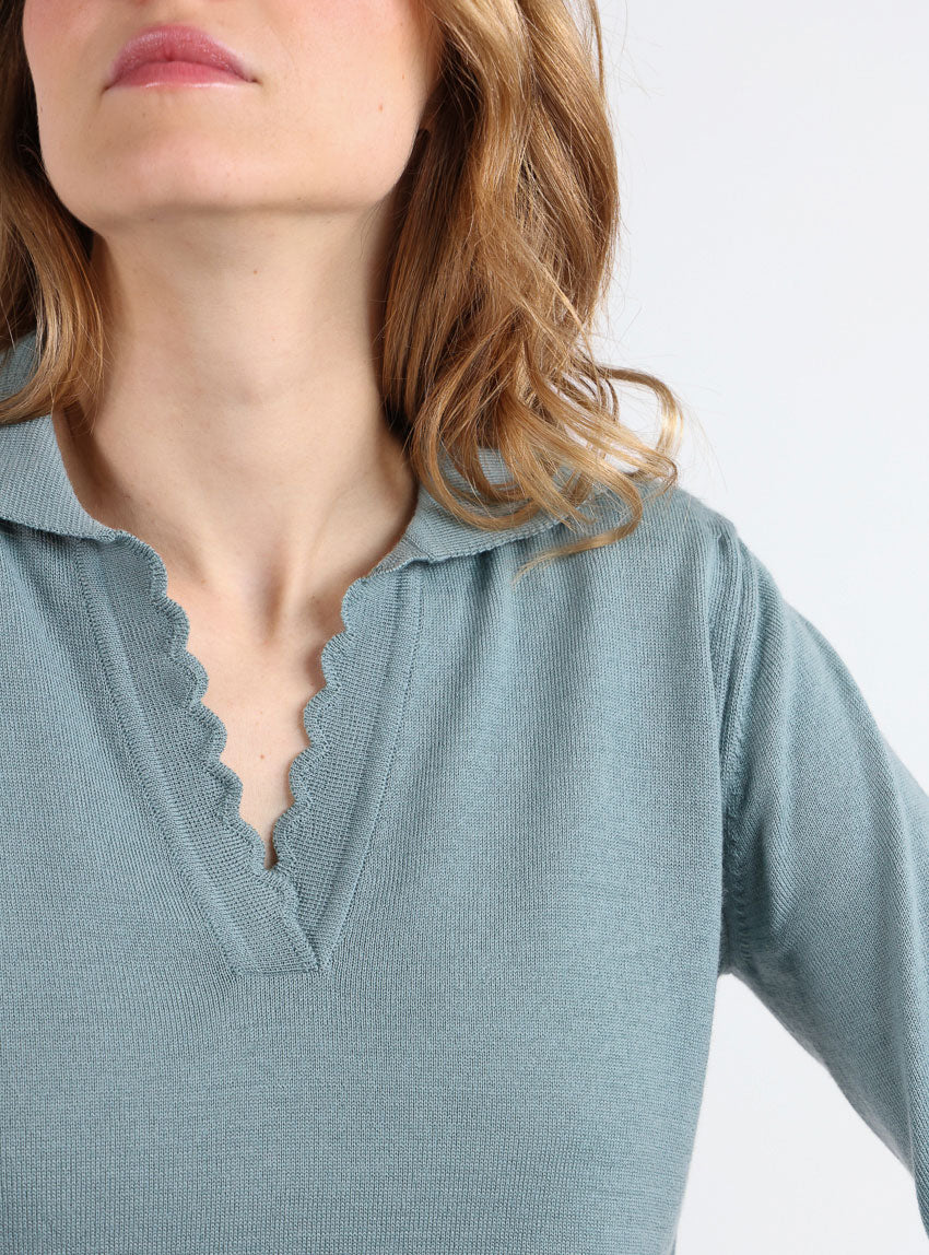 Pull col polo femme en laine mérinos vert