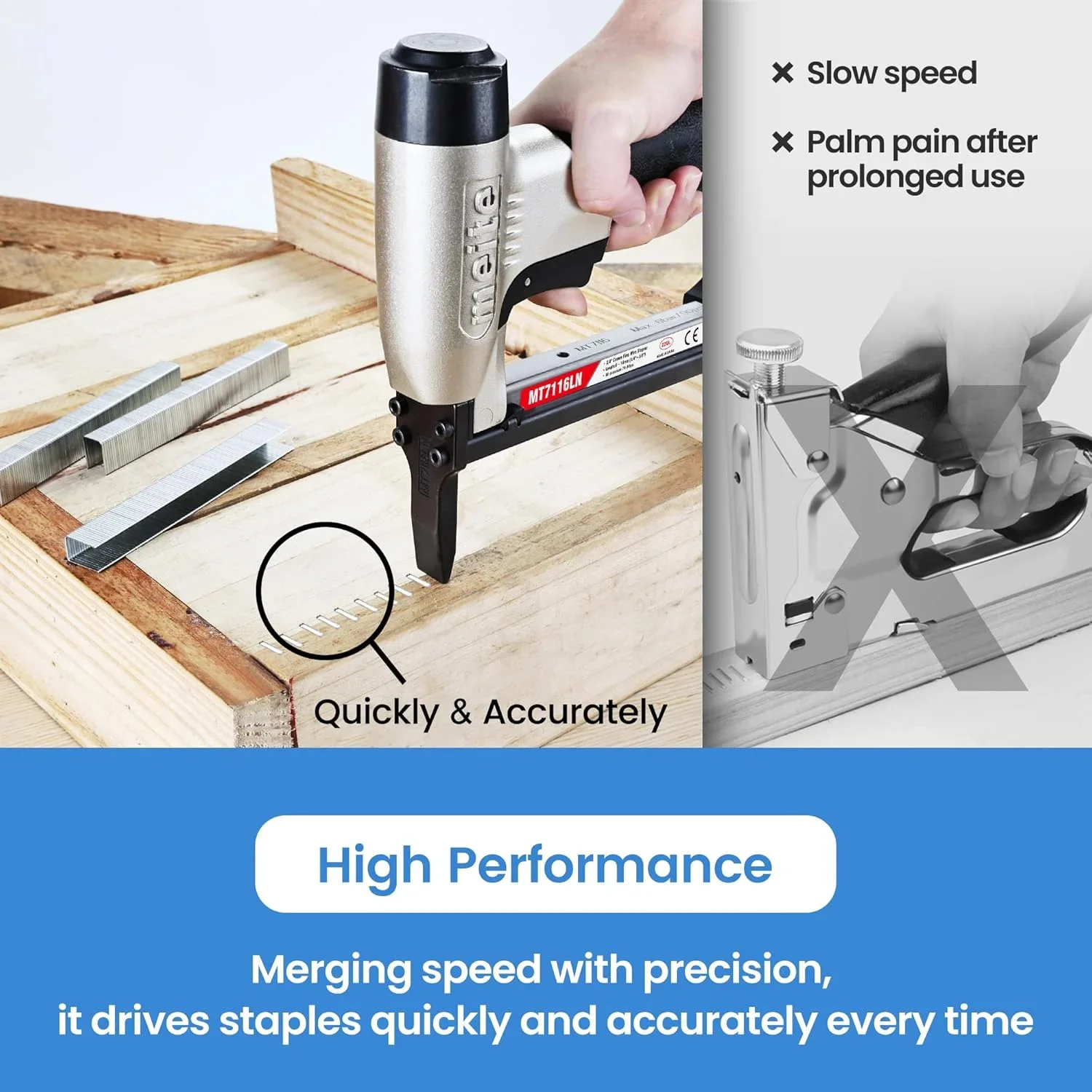 MEITE MT7116LN Pneumatic Staple Gun with Long Nose 22 Gauge 3/8 Crown 1/4 to 5/8 Length 71 Series