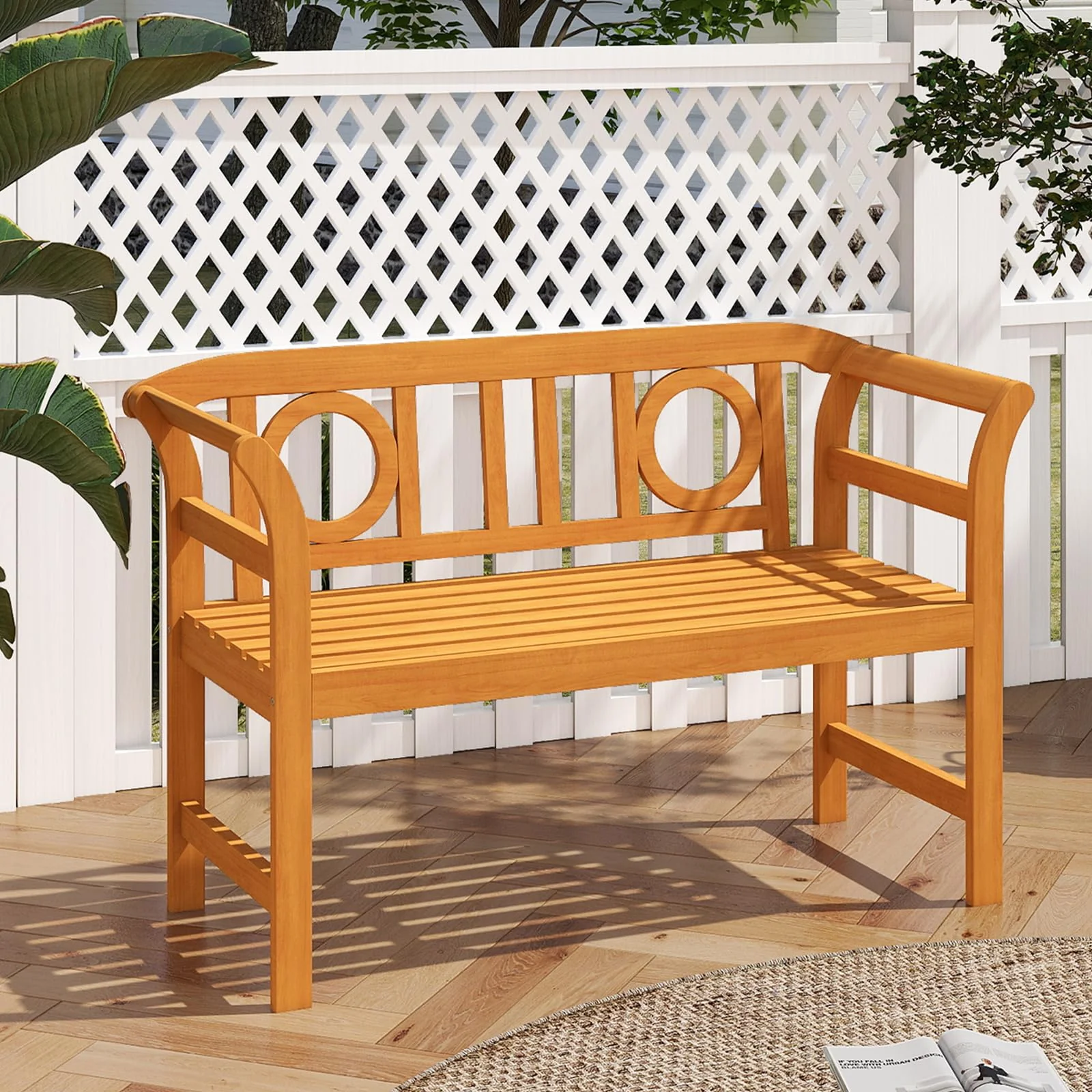 Tangkula Acacia Wood Outdoor Bench with Backrest