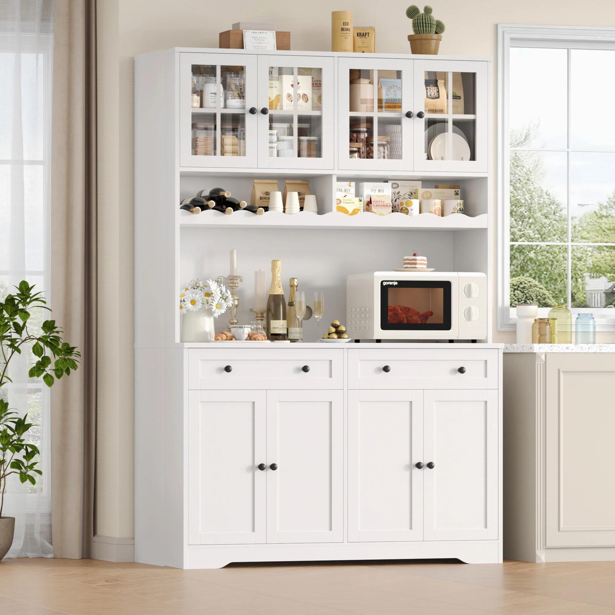 75"Tall Kitchen Pantry Storage Cabinet with Power Outlet, Large Pantry Cabinet with Microwave Stand, Modern Freestanding Cupboard Hutch for Home Dinning Room, White(White) - Image 6