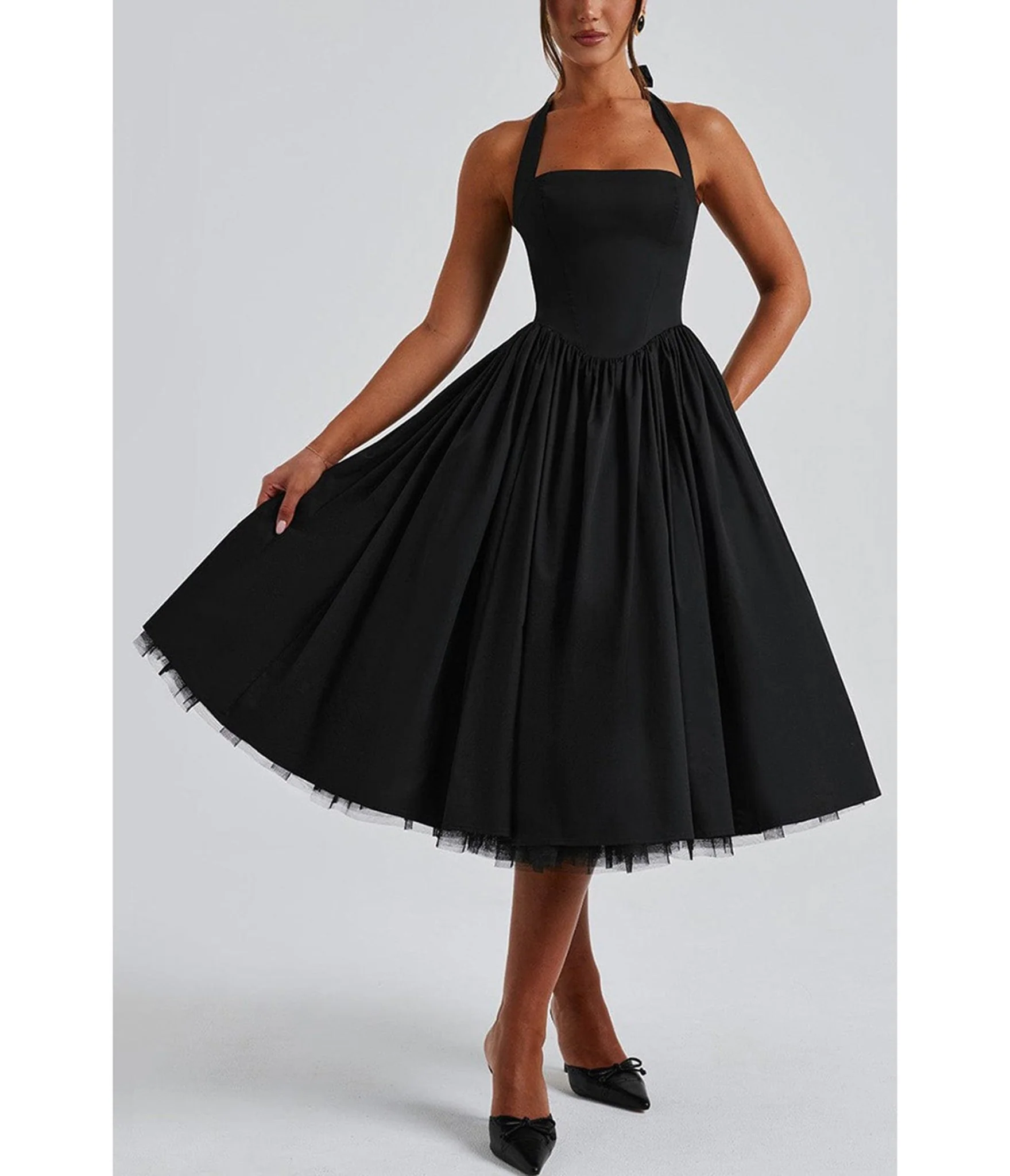 Black Halter Flare Midi Dress