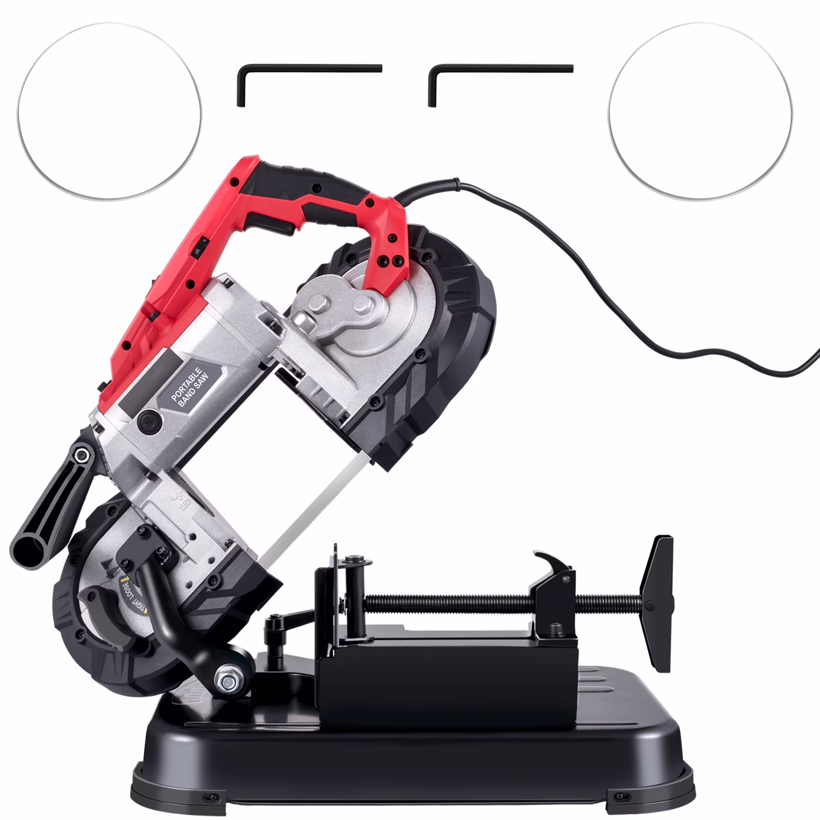 KFFKFF Portable band saw, 110V removable alloy steel base rechargeable band saw, 5 inch cutting capacity handheld band saw, variable speed portable band saw, 10 amp motor, deep cutting band saw for