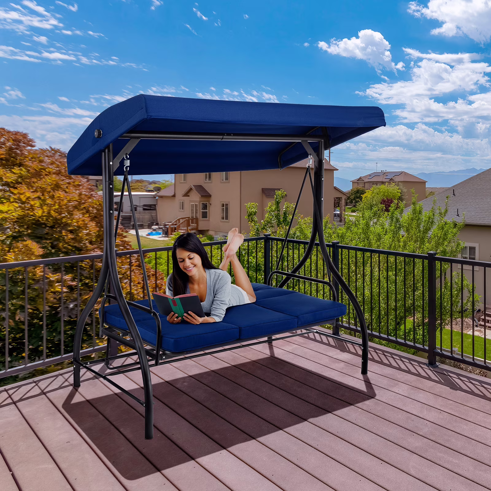 3 Person Porch Swing Outdoor Converting Canopy Swing Glider with Canopy(Beige) - Image 7
