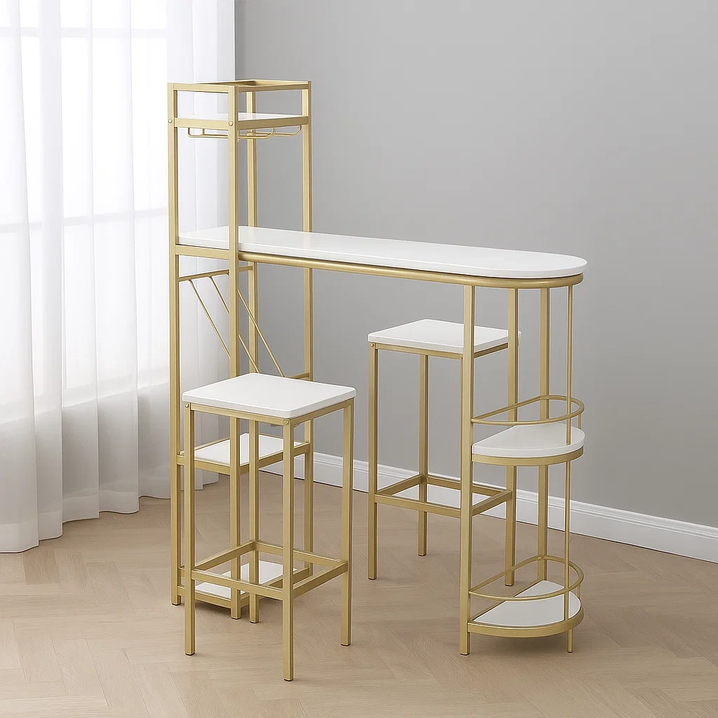Barbord og skammelst, indeholder et bord og to stole, hvid, tr og metal, til indendrs brug
