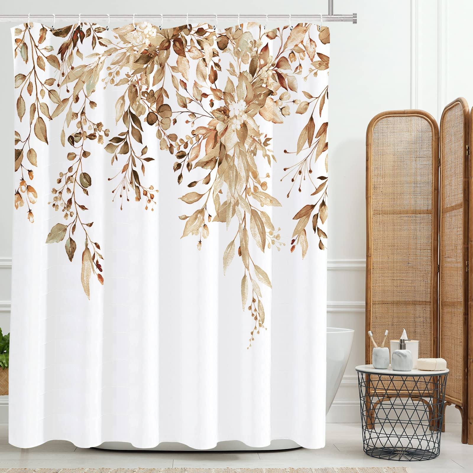 Tititex Tan Eucalyptus Shower Curtain, Watercolor Brown Leaves on The Top Plant with Floral Bathroom Decoration Shower Curtai