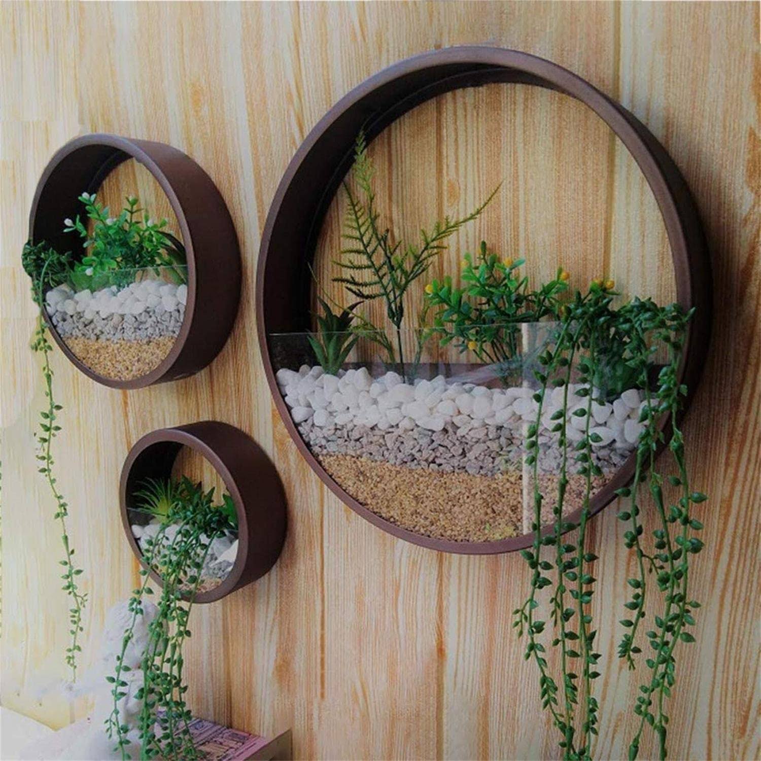 Ecosides Round Indoor Wall Succulent Hanging Planter, Metal Decorative Freestanding Mount Holder with Glass for Air Plants, Faux Flower,Set of 3