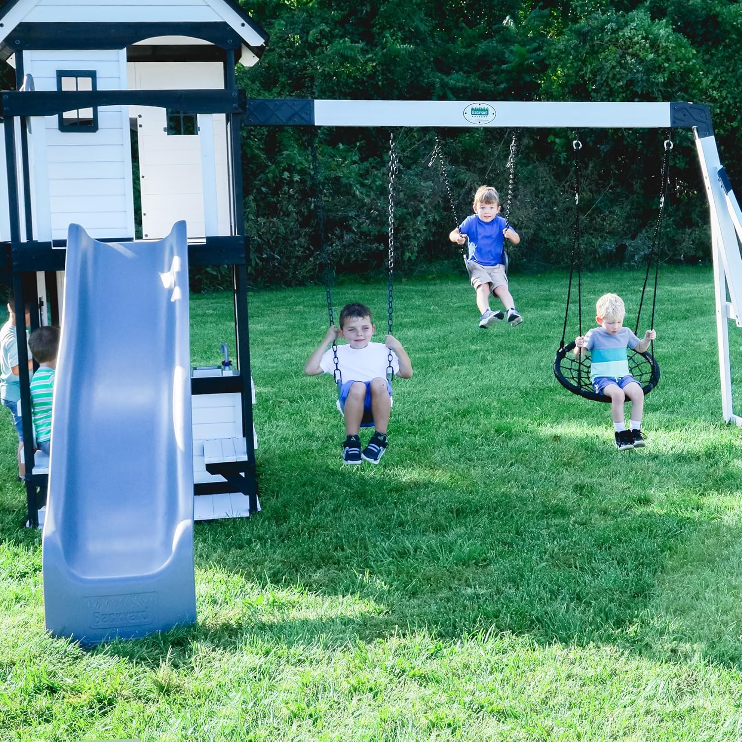 Canyon Creek Cedar Wood Swing Set with Wave Slide, Clubhouse, Play Kitchen, Picnic Area, Belt Swings, Web Swing, Rock Wall, Balconies,…