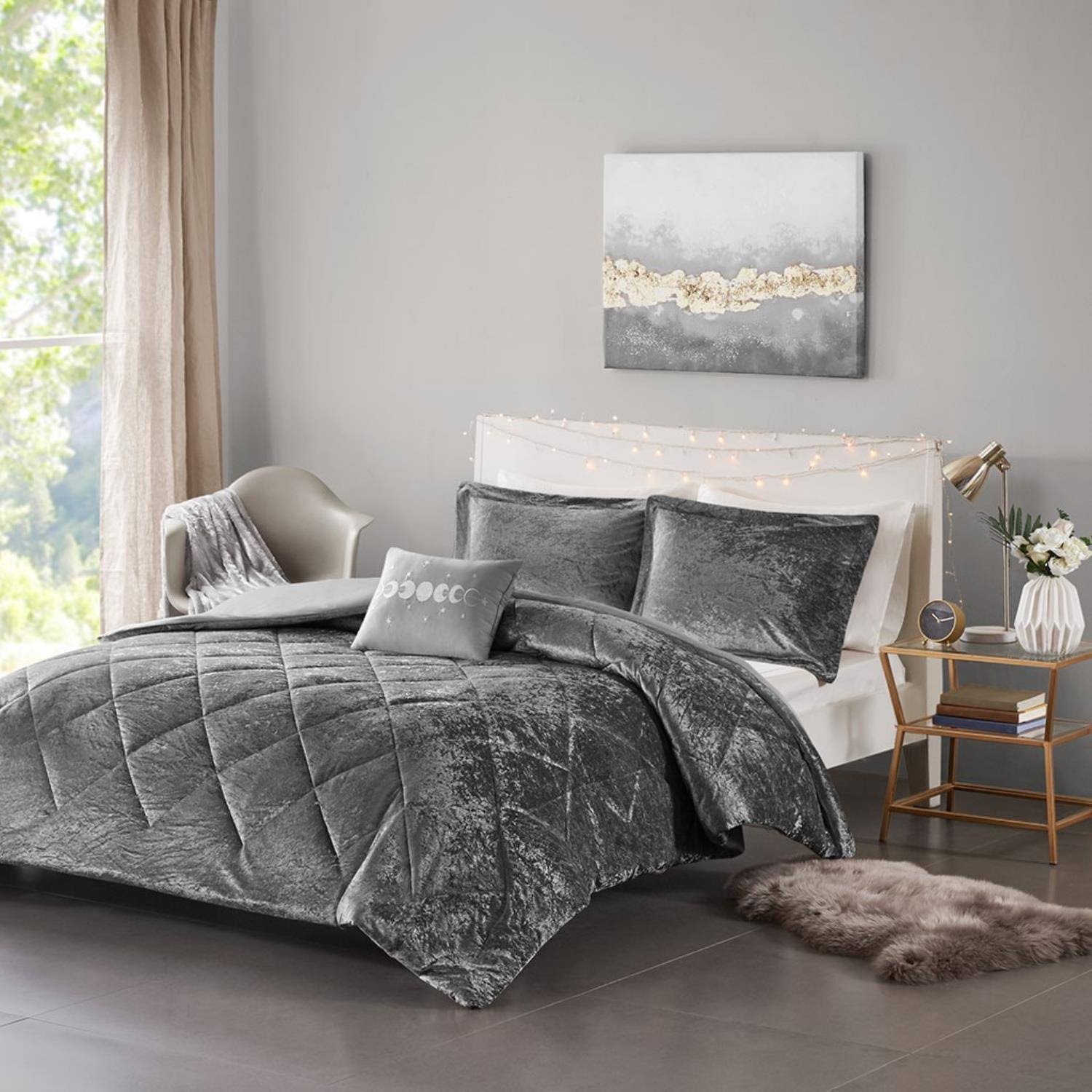 Intelligent Design Felicia Full/Queen Grey Velvet Duvet Cover Set