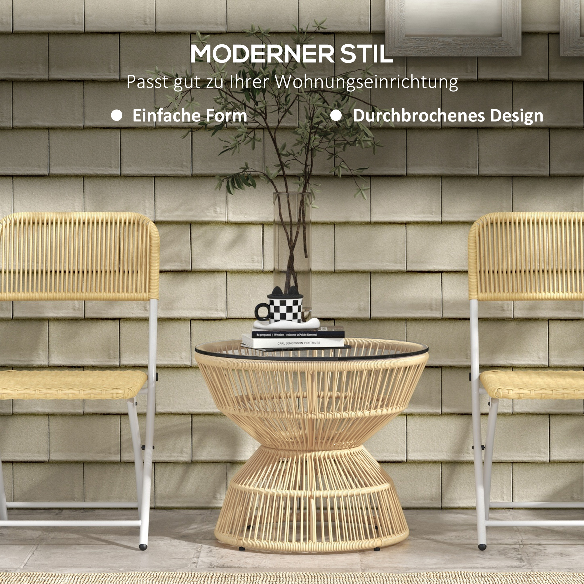 Outsunny Buitentafel Bijzettafel Tuinmeubel Rattan Bijzettafel, Glazen Blad, PE-Rattan, 60 cm x 60 cm x 50 cm, Natuurlijk