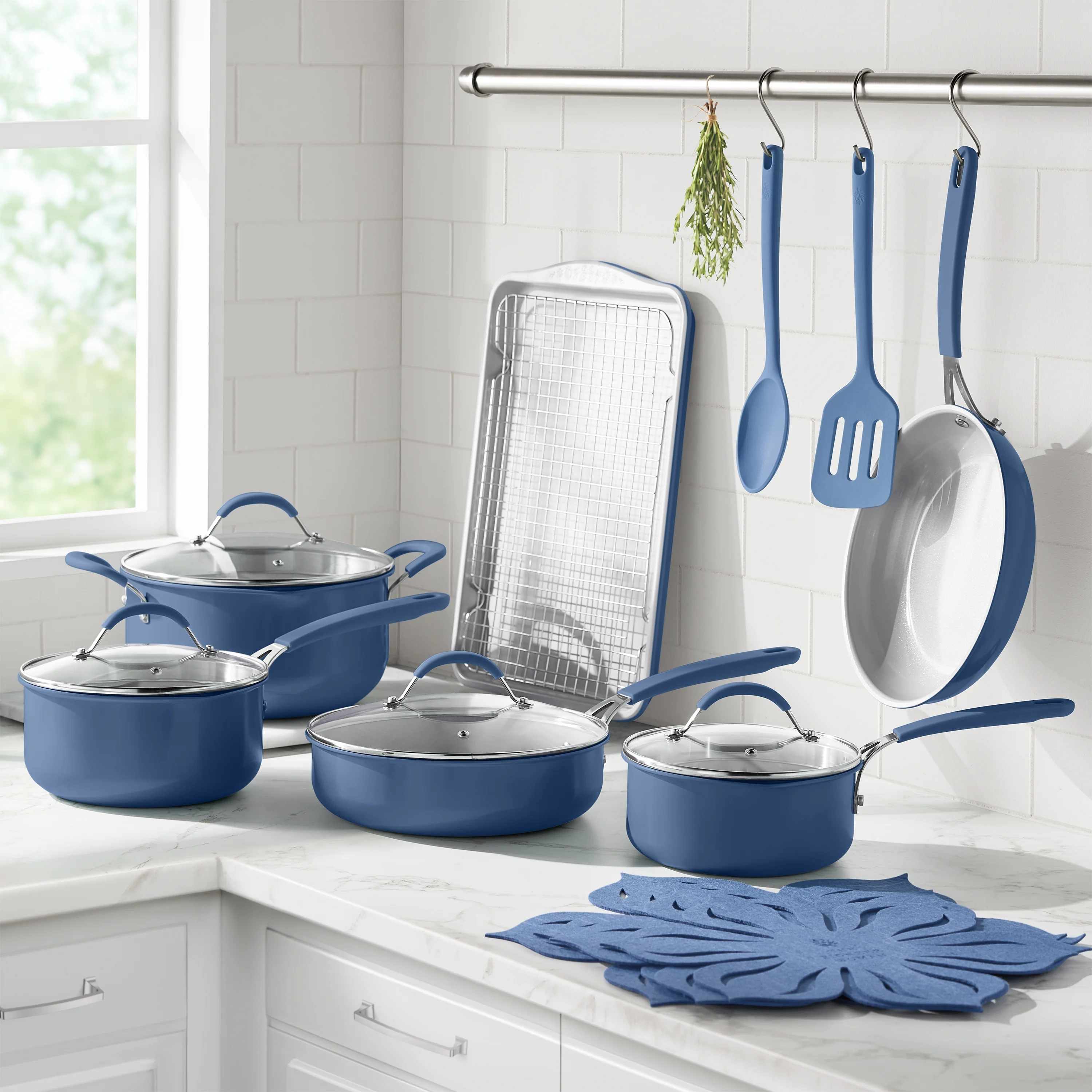 The Pioneer Woman 17 - Piece Ceramic Cookware Set with Strainer Lids and Cookie Sheet with Rack, Blue