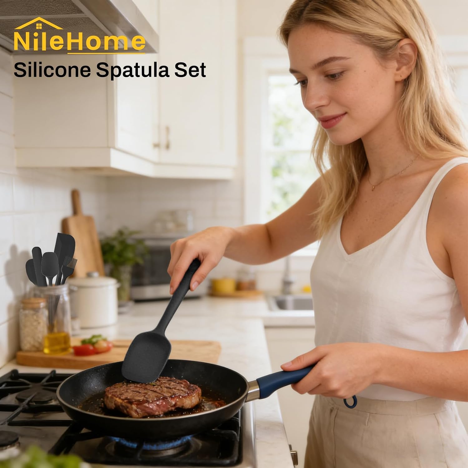 NileHome 6 Pieces Silicone Spatula Set with Silicone Brush, Mixing-Black