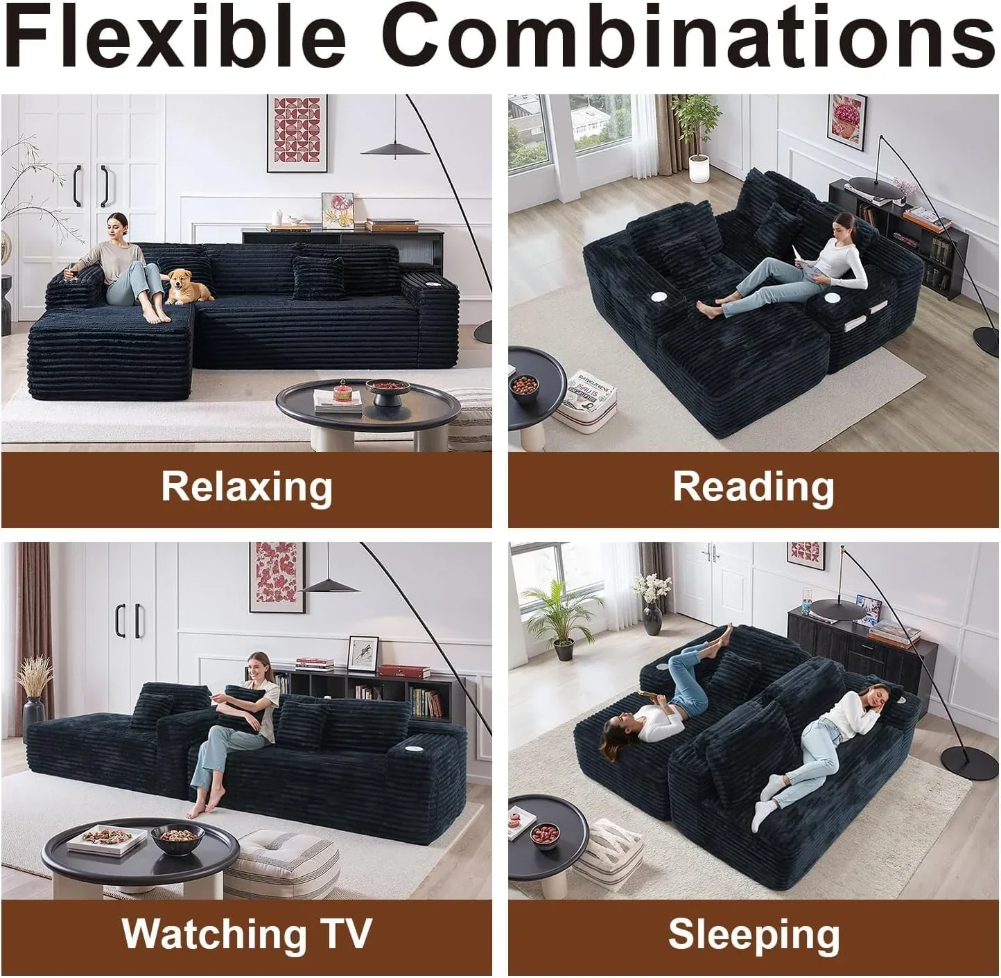 Canapé d'angle Cloud avec fauteuil inclinable en L et porte-gobelet intégré