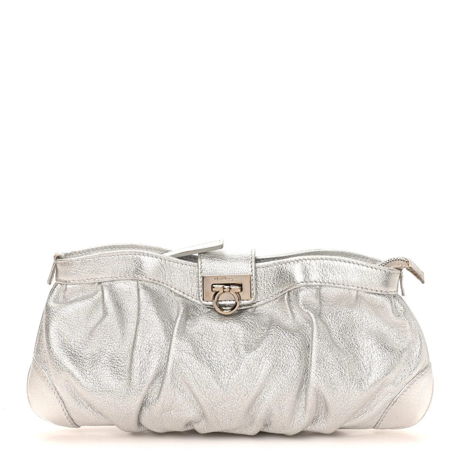 Metallic Calfskin Small Gancini Clutch Silver