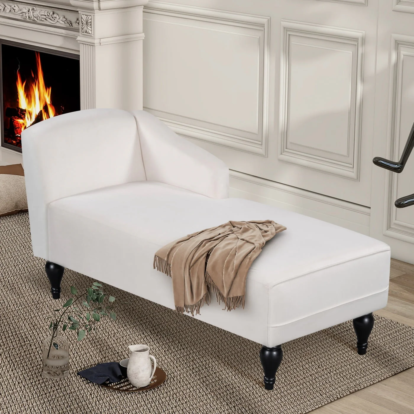57.5" Mid Century Velvet Chaise Lounge,Upholstery Right Arm Facing Lounge Chair with Solid Wood Legs,Multi-purpose Sleeper Sofa Bed for Living Room,Bedroom,Office,White(Pink)