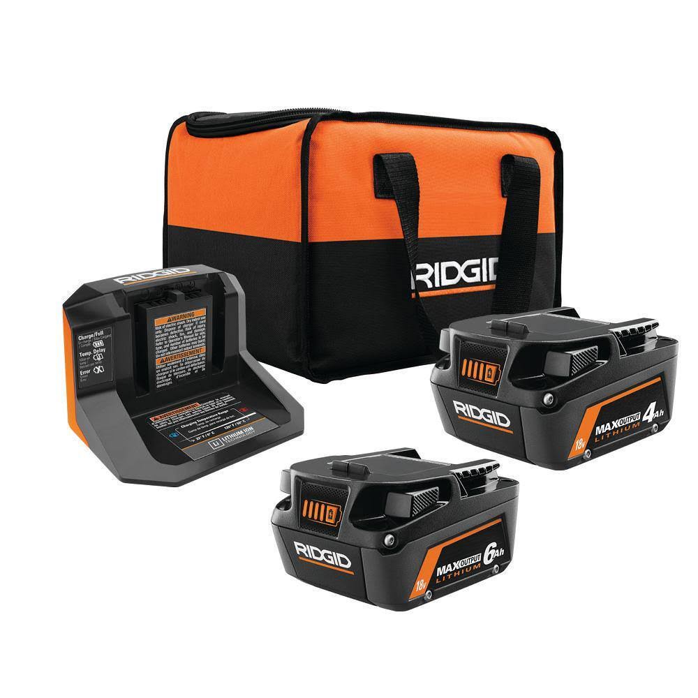 Ridgid 18V 6.0 Ah and 4.0 Ah Max Output Lithium-Ion Batteries and Charger Kit with Bag