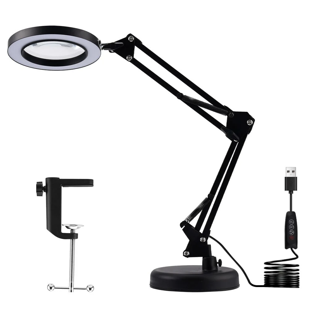 10X LED Magnifying Glass with Light, Stepless Dimmable, 3 Color Modes, Real Glass Lens Magnifying Lamp with Light Desk Lamp Clamp for Crafts, Reading, Close Work Black