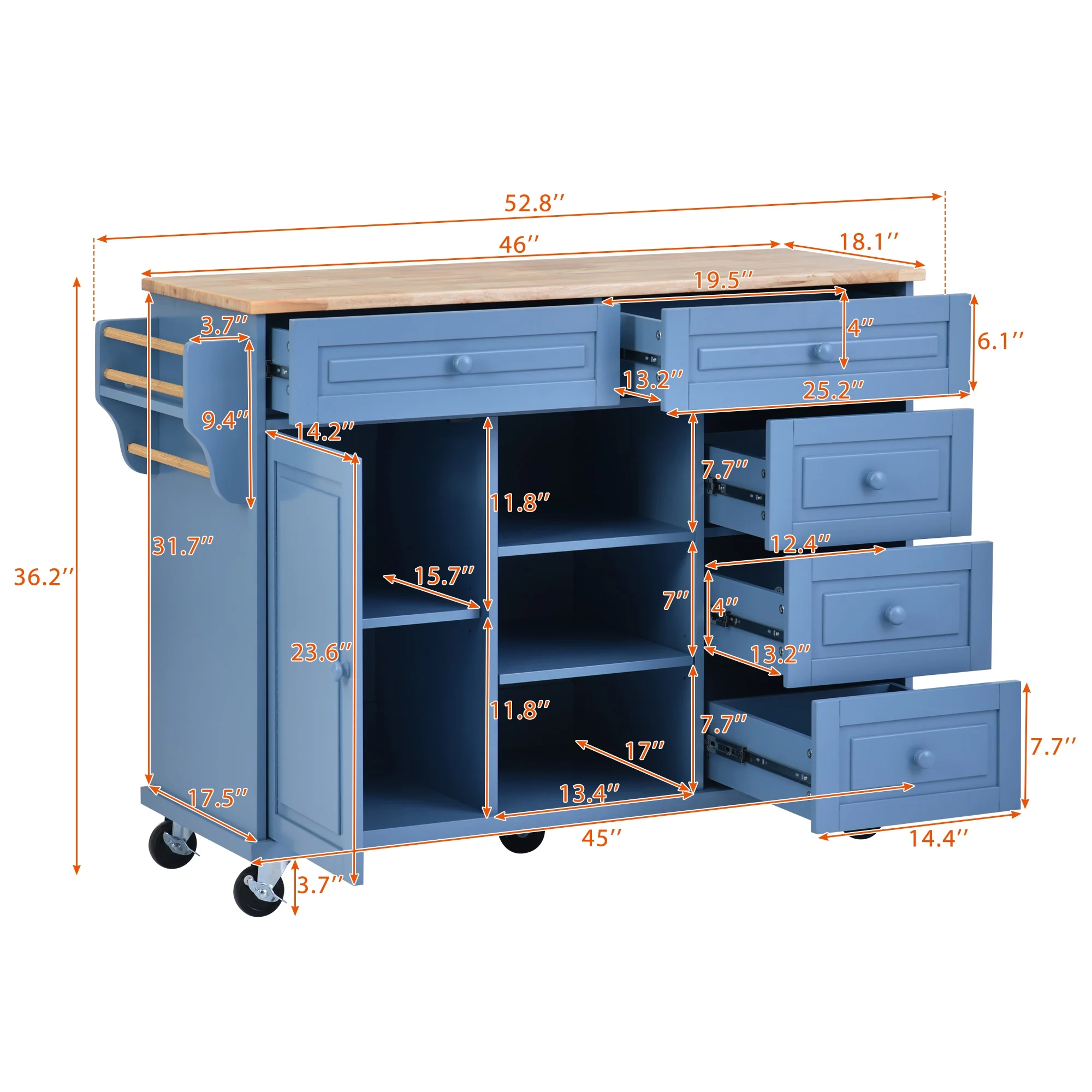Kitchen cart with Rubber wood desktop rolling mobile kitchen island with storage and 5 draws 53 Inch length (Blue) - Image 4