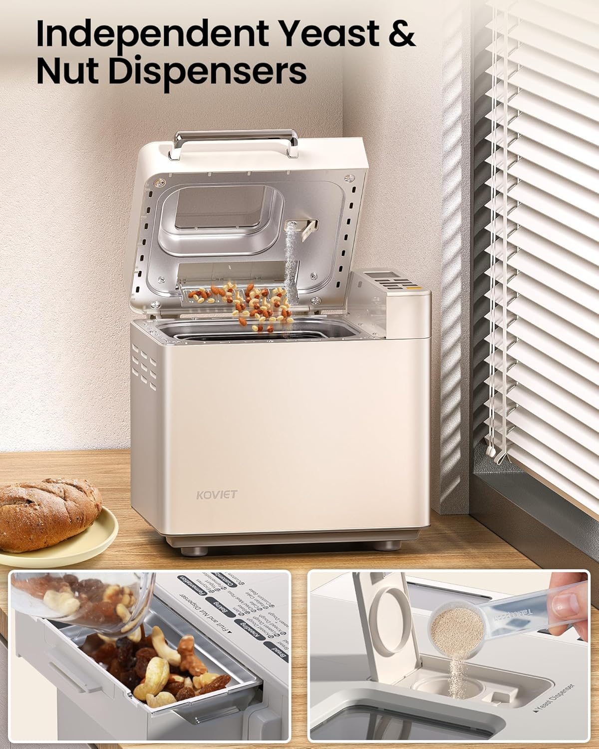 Machine à pain 25 en 1 avec double distributeur automatique, capacité 900 g, en acier inoxydable.