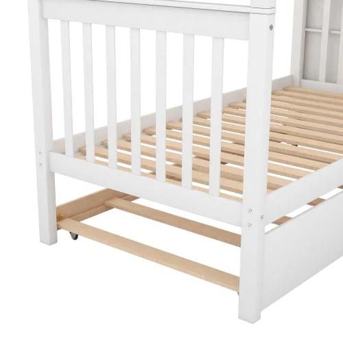Twin over Twin Bunk Bed with Trundle and Storage Space, Convertible 3 Separate Beds Bunk Bed Frame with Full Length Guardrails and Storage Staircase, Solid WoodenTwin Bunk Bed for Girls, Boys, White - Image 6