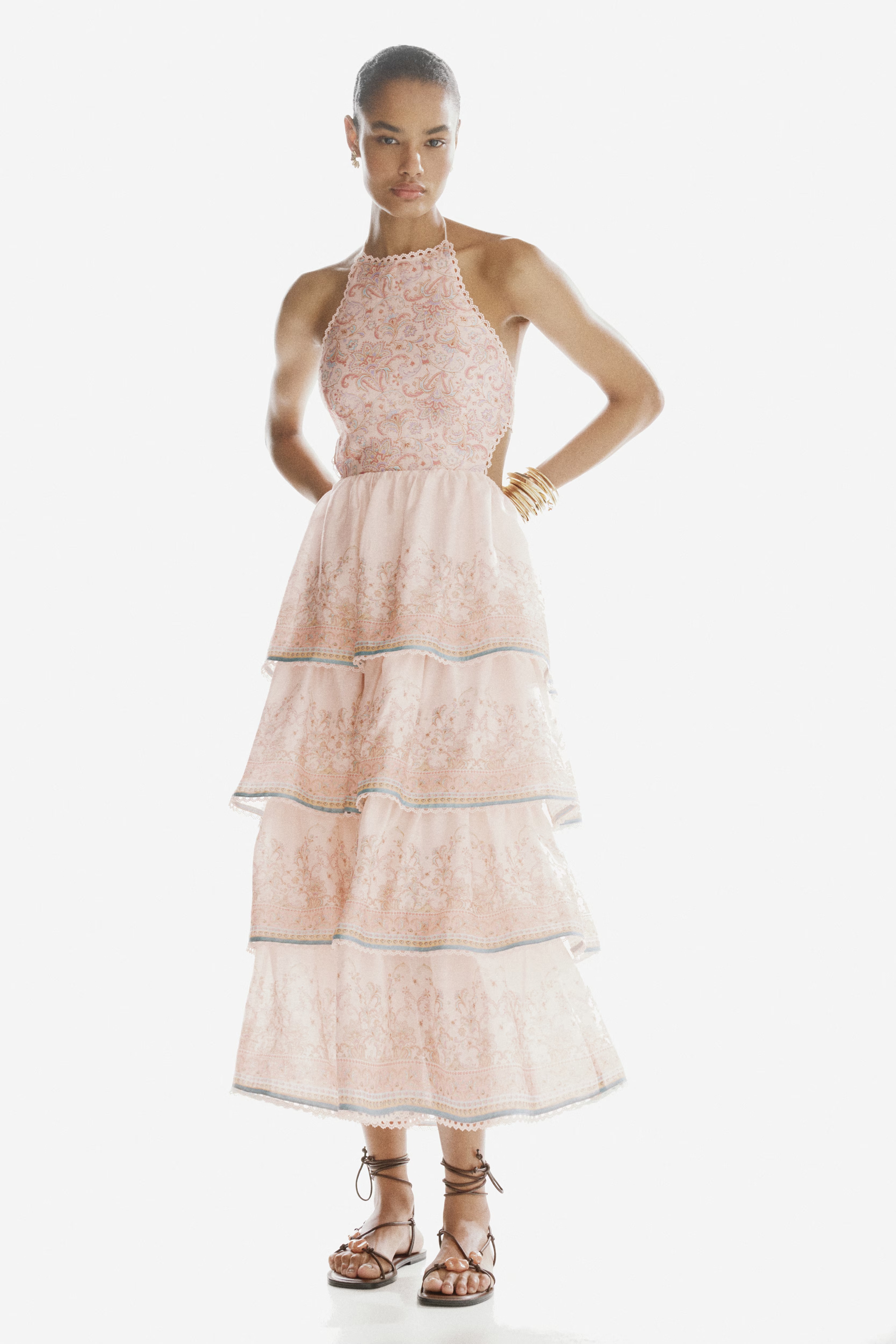 Linen-Blend Tiered Halterneck Dress